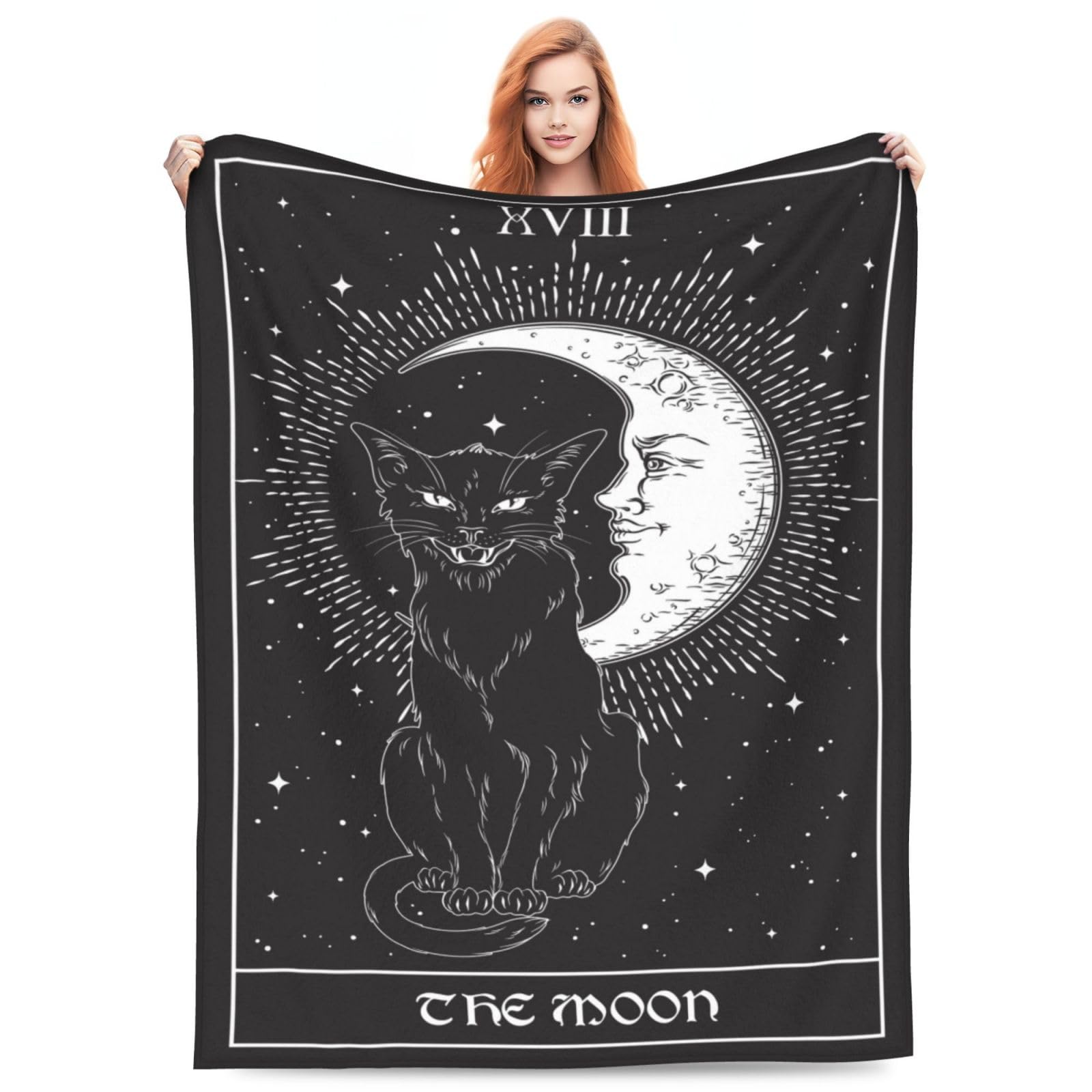 Tarot Card Moon Black Cat Blanket Familiar Spirit Halloween Pagan Witchcraft Theme Print Blanket for Girls Women Valentine Day Gifts Flannel Soft Warm Cozy Fuzzy Throw Blankets for Kids Adults 80"x60" — image 1