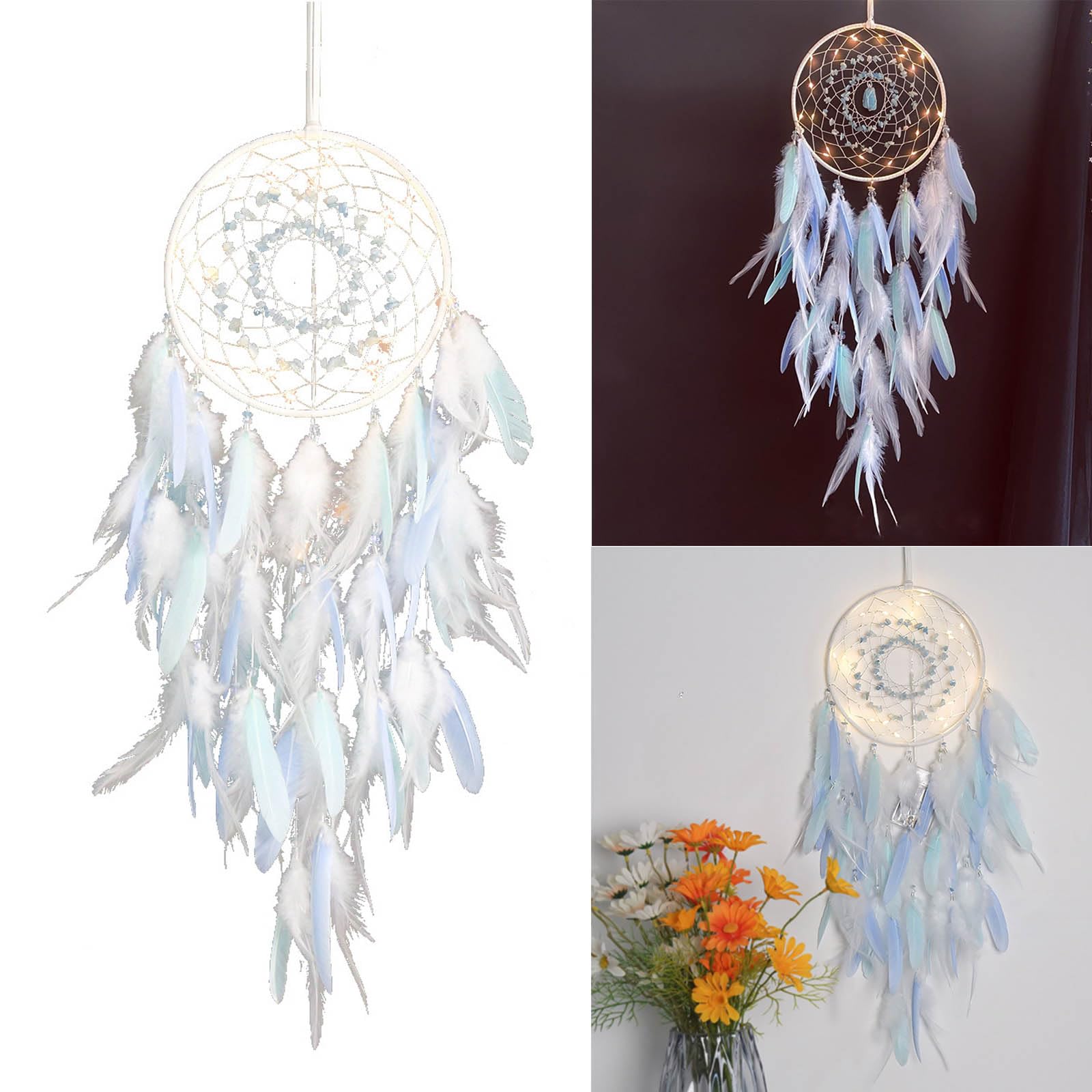 Traumfänger, Feder-Traumfänger for Schlafzimmer, Kinderzimmer, Wanddekoration, Auto-Hängeanhänger, Ornament mit LED-Licht, Traumfänger, hängende Traumfänger