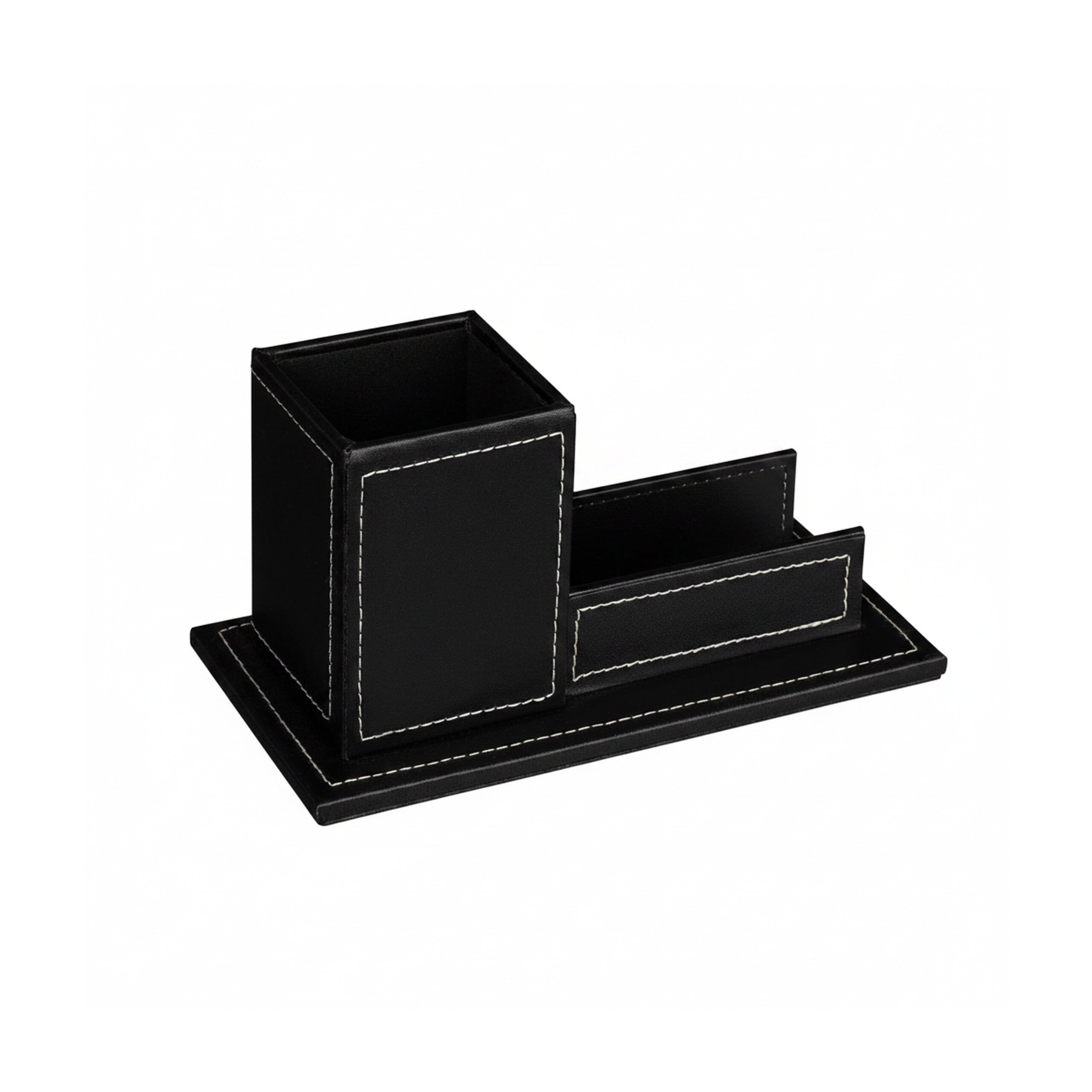 Relaxdays Porta Biglietti da Visita da Scrivania Organizer Ufficio, Portapenne in Similpelle, HLP: 10,5x20x10 cm, Nero