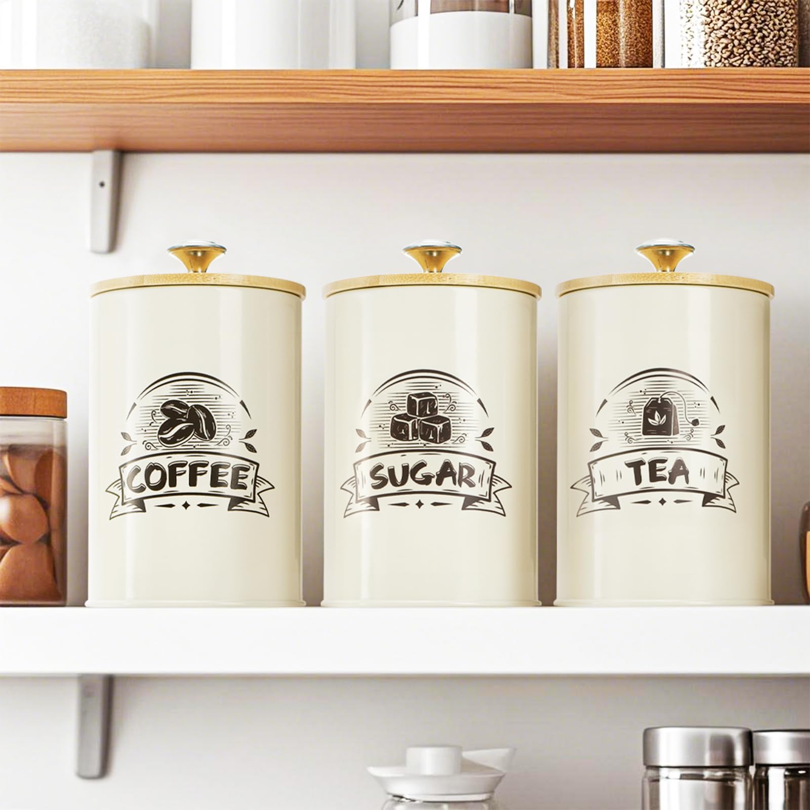 Covzoe Juego de 3 botes de cocina herméticos de hierro con tapas de bambú, contenedores de almacenamiento de harina y azúcar para encimera, contenedores de almacenamiento de alimentos para café, té