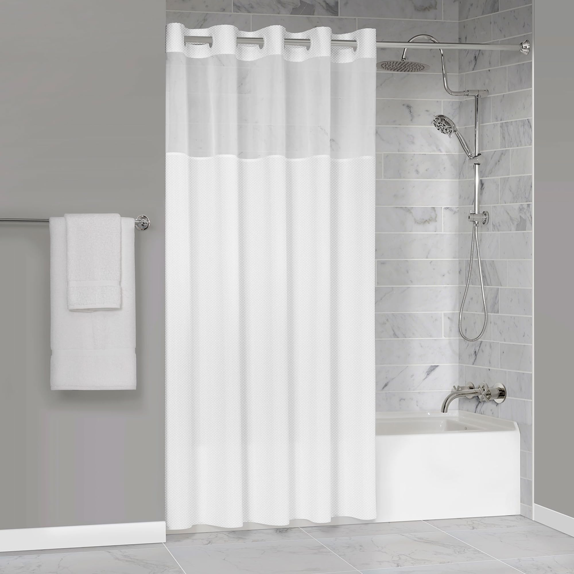 Manchester Mills Protect360 - Cortina de ducha sin gancho de gofre, protección de producto Microban, repelente al agua, forro a presión, dobladillo con imanes, 71 x 54 pulgadas, blanco, se encuentra