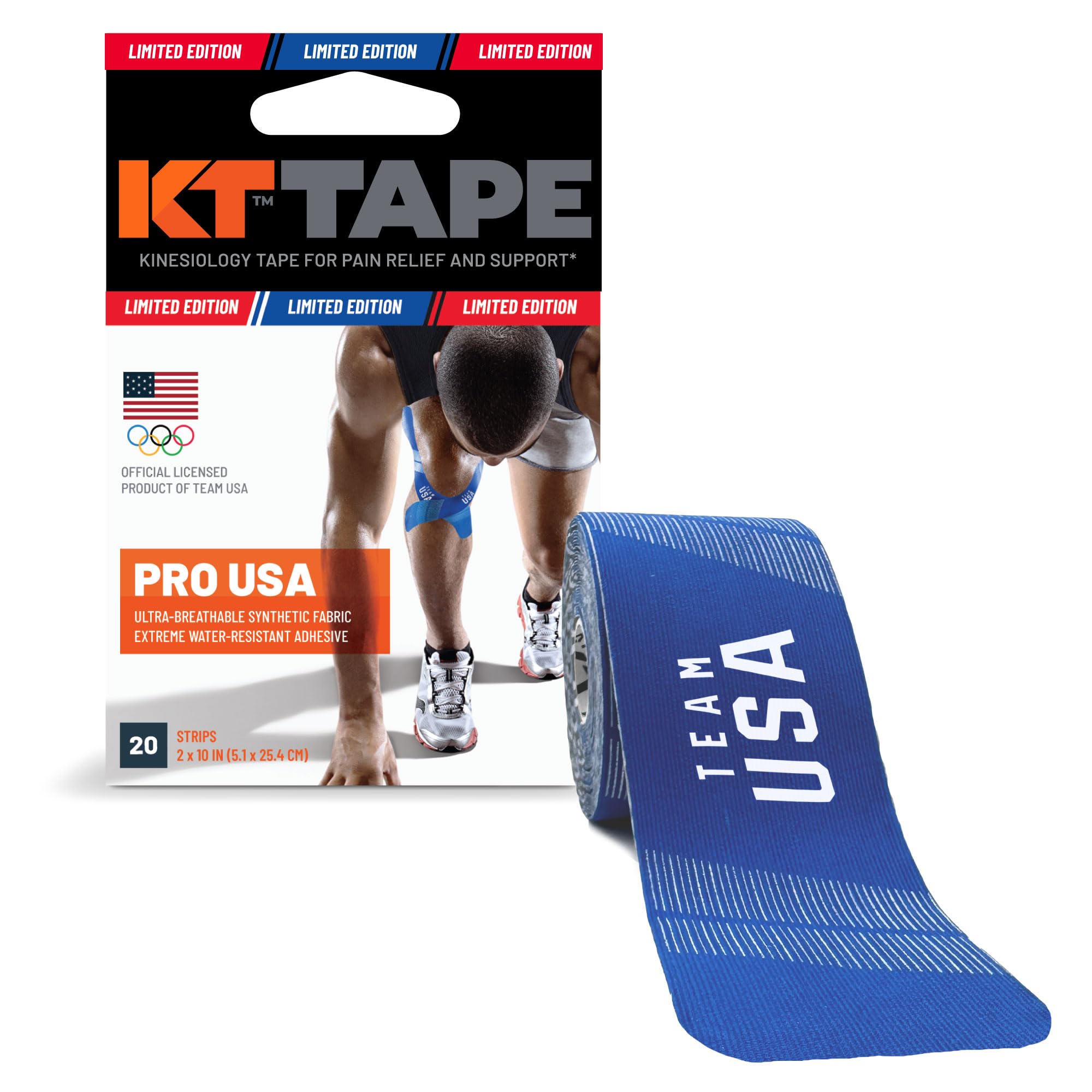 KT Tape, Pro Synthetic Kinesiology Athletic Tape, 20 Count, 10” Precut Strip, Team USA