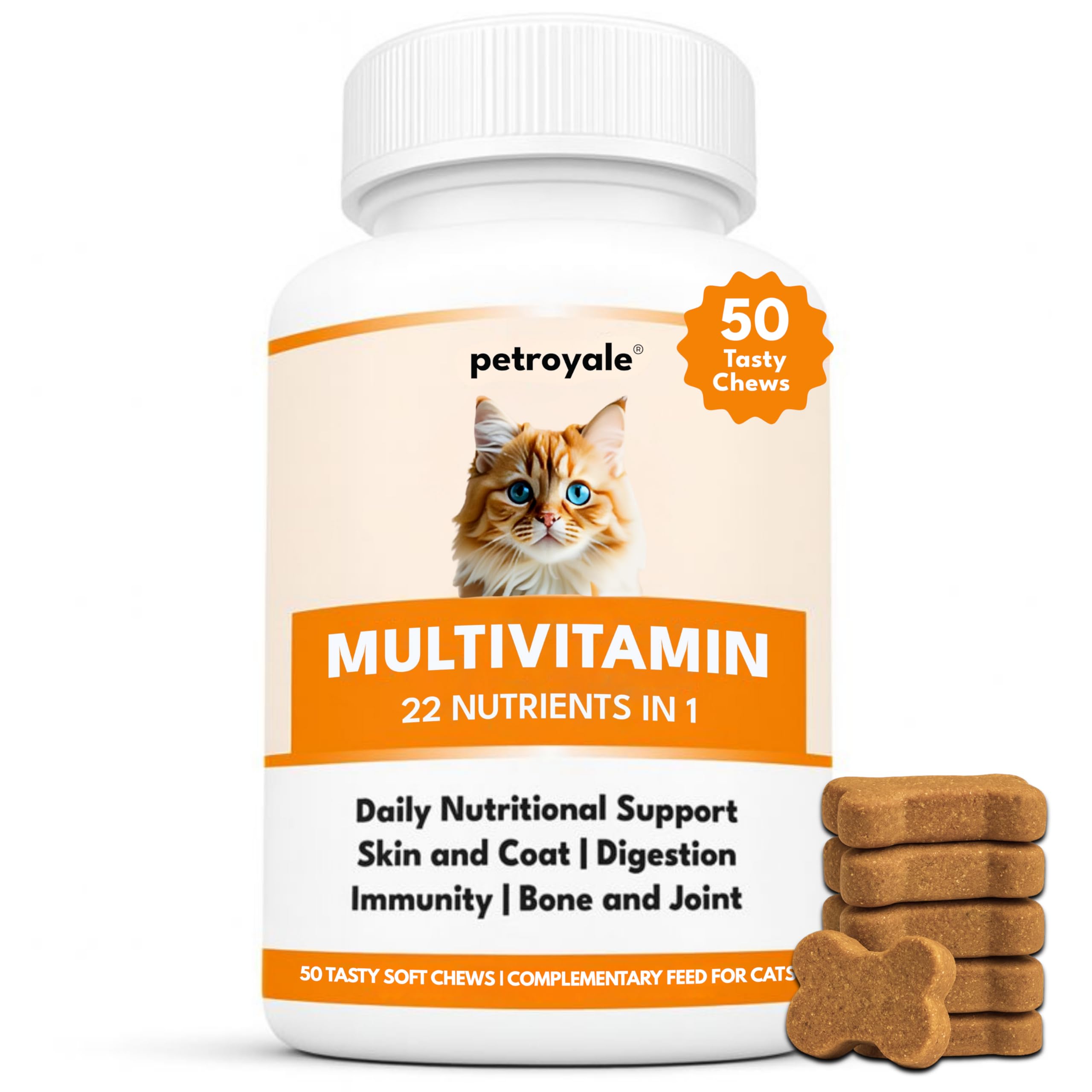 Petroyale 22 in 1 Multivitamin Chews for Cats- Cat Multivitamins Chewable with Taurine, Probiotics, Joint Support, Skin & Coat, Immune Health - Cat Daily Multivitamin for All Breeds - 50 Soft Chews