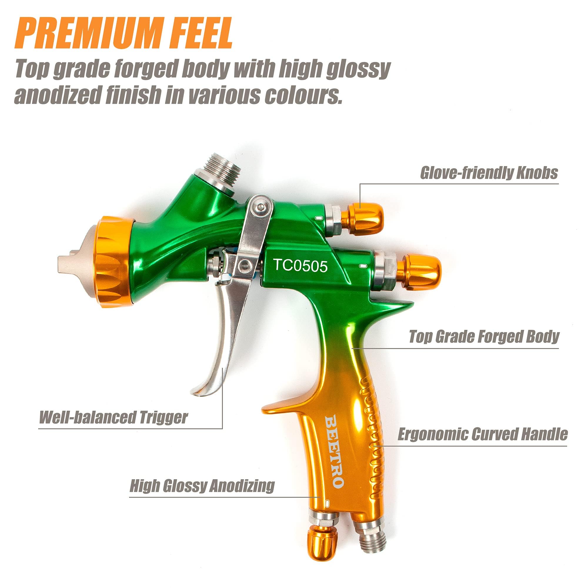 BEETRO HVLP Pistola a Spruzzo ad Aria Compressa Professionale, Ugello da 280-320 mm con Ugello Largo da 1,3/1,4 mm, Capacità di 600 ml, 14 CFM, 29-32 psi