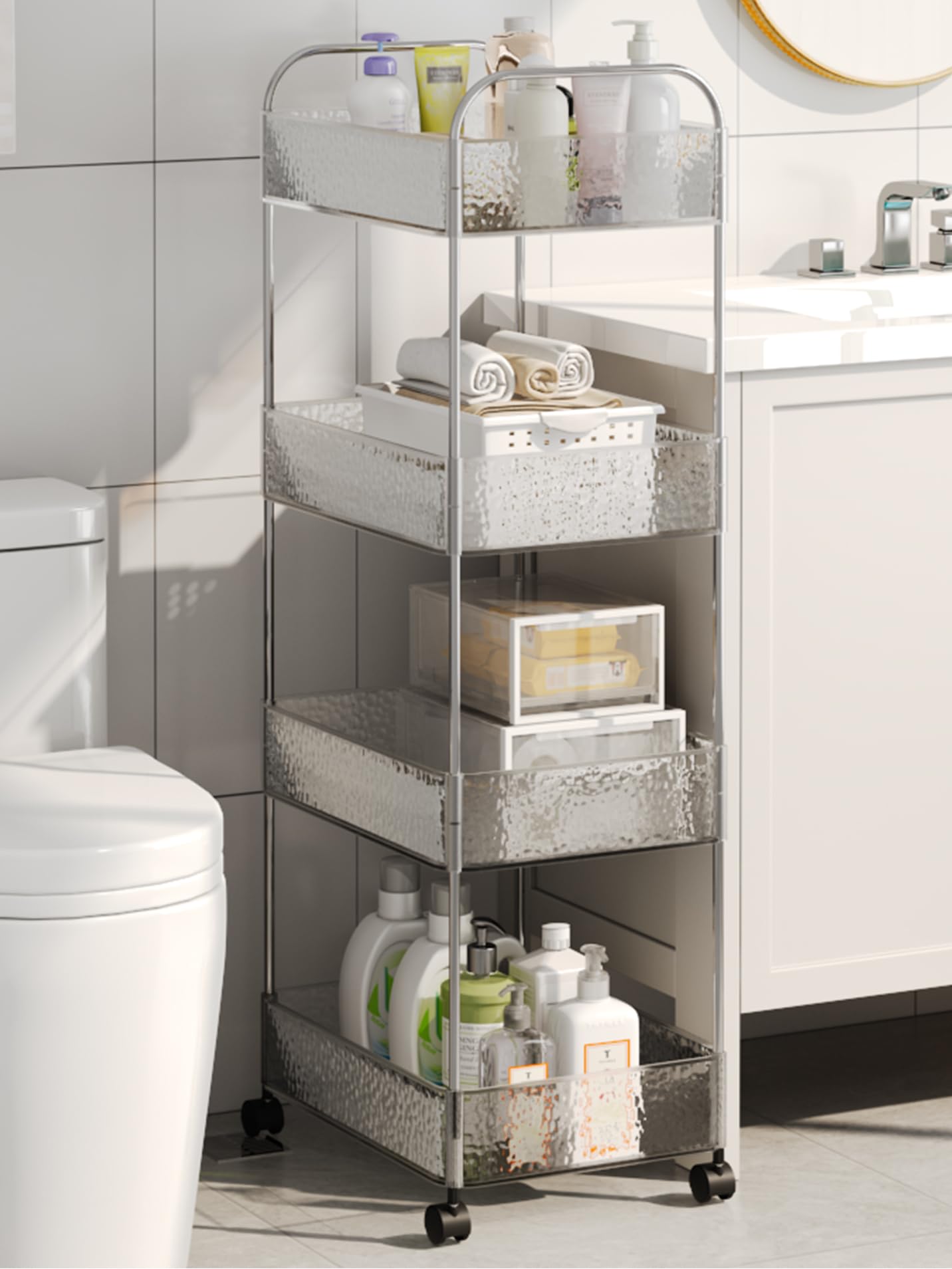 CraftGenes 4-Tier Slim Storage Trolley on Wheels with Lock, 36x27x95cm, Transparent Bathroom Trolley with Stainless Steel Frame & U-Handle, Narrow Rolling Cart for Bathroom, Office, Bedroom