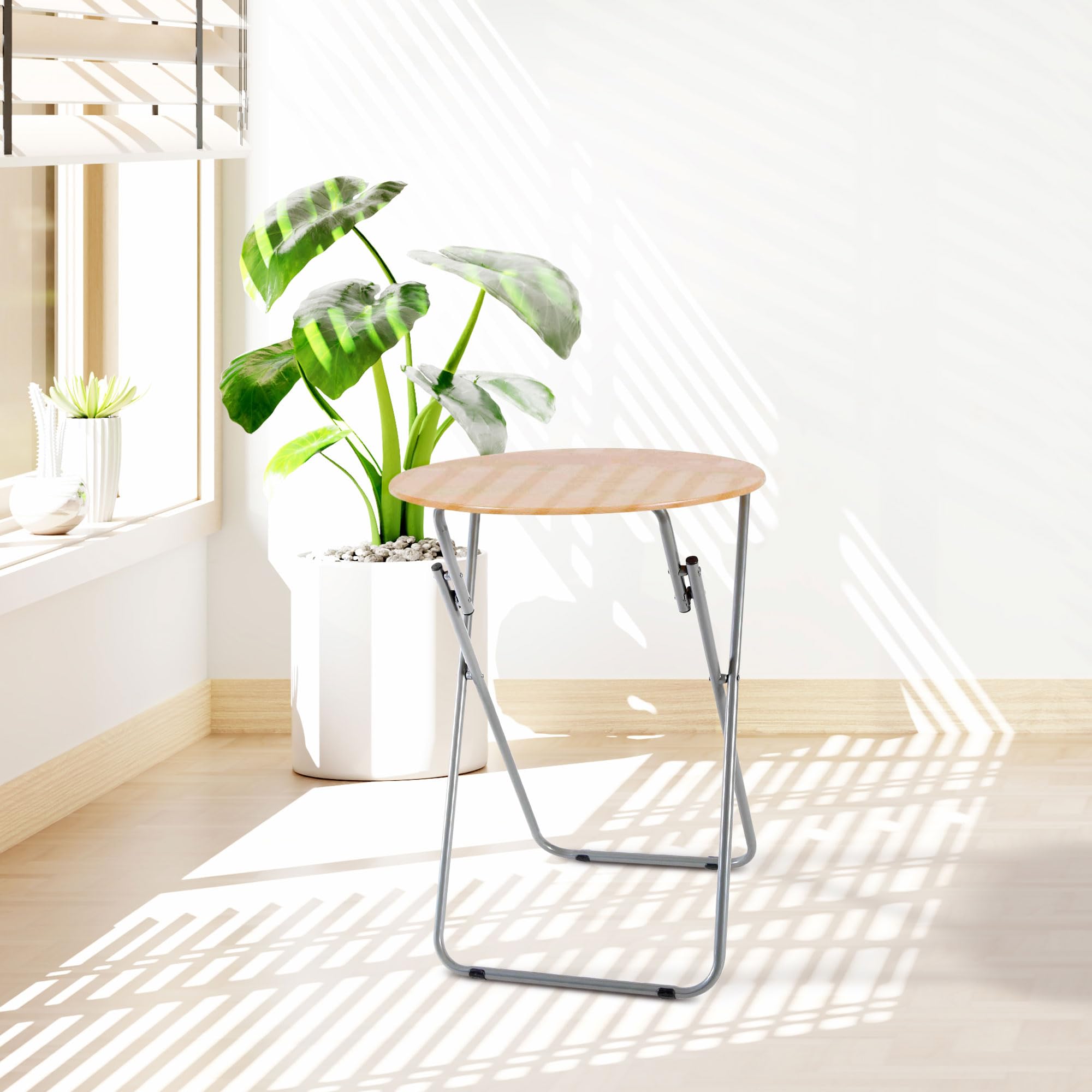 The Secret Home - Mesa Redonda Plegable de Madera - Color Madera Natural - Alto: 66 cm x Diámetro: Ø48 cm - Ideal para Cocina, Terraza o Jardín