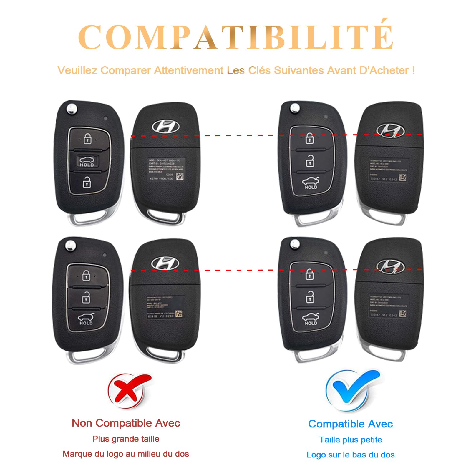 Coque Clé Voiture Avec Porte-clés En Cuir - Compatible Hyundai I20, I30, I40, Santa Fe, Kona, Tucson, Etc. - Modèle 3 Boutons (Argent)