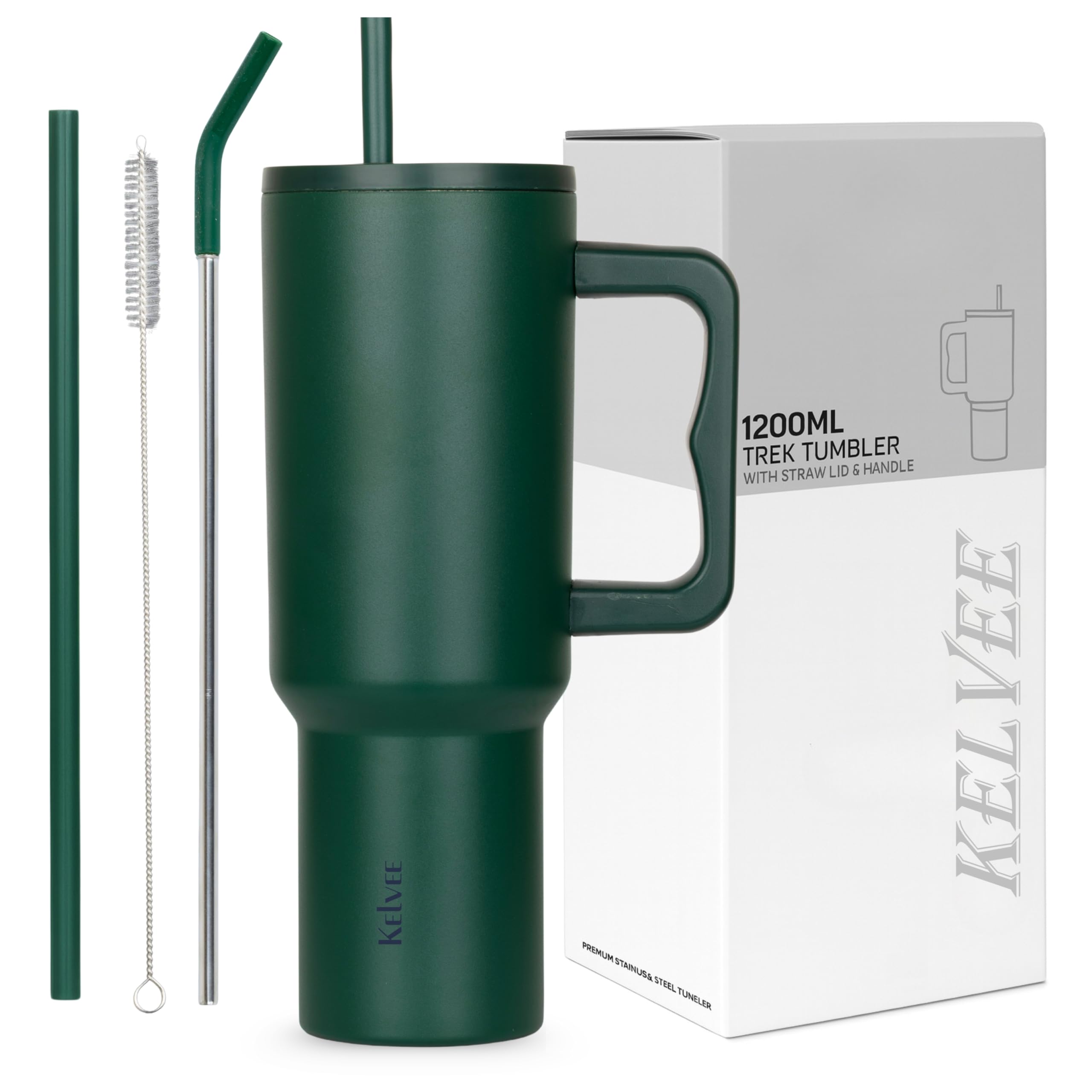 KELVEE 40oz Tumbler with Handle and Straw Lid, Reusable Cup Leakproof Iced Coffee Sipper Mug for Keeping Beverages Water Hot or Cold,Perfect for Travel, Gym 1.2L (Dark Green)