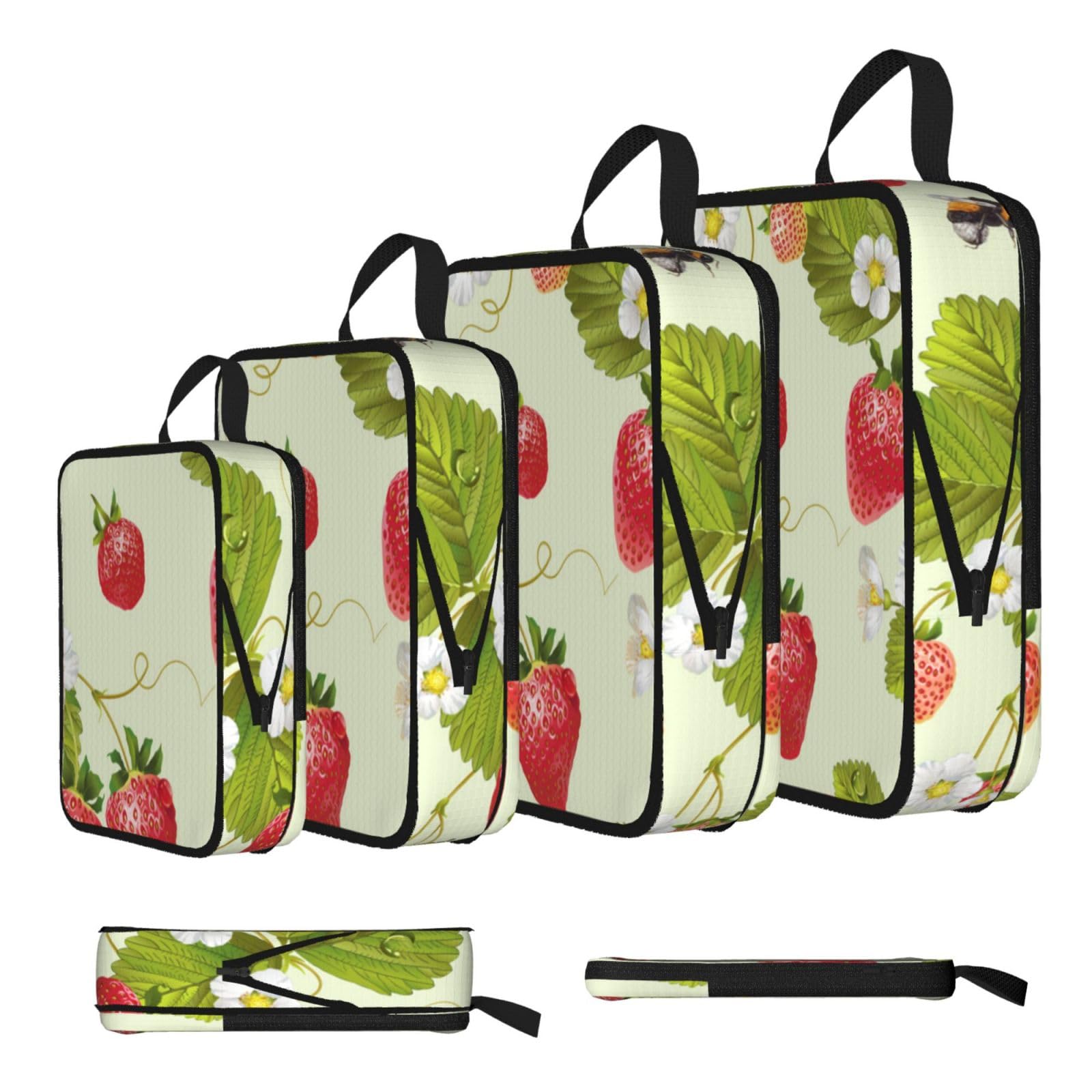 Lovely Strawberry Print Compression Packing Cubes 4-Piece Set With Multi- Compartment Travel Bag, Waterproof Suitcase Organiser Bags