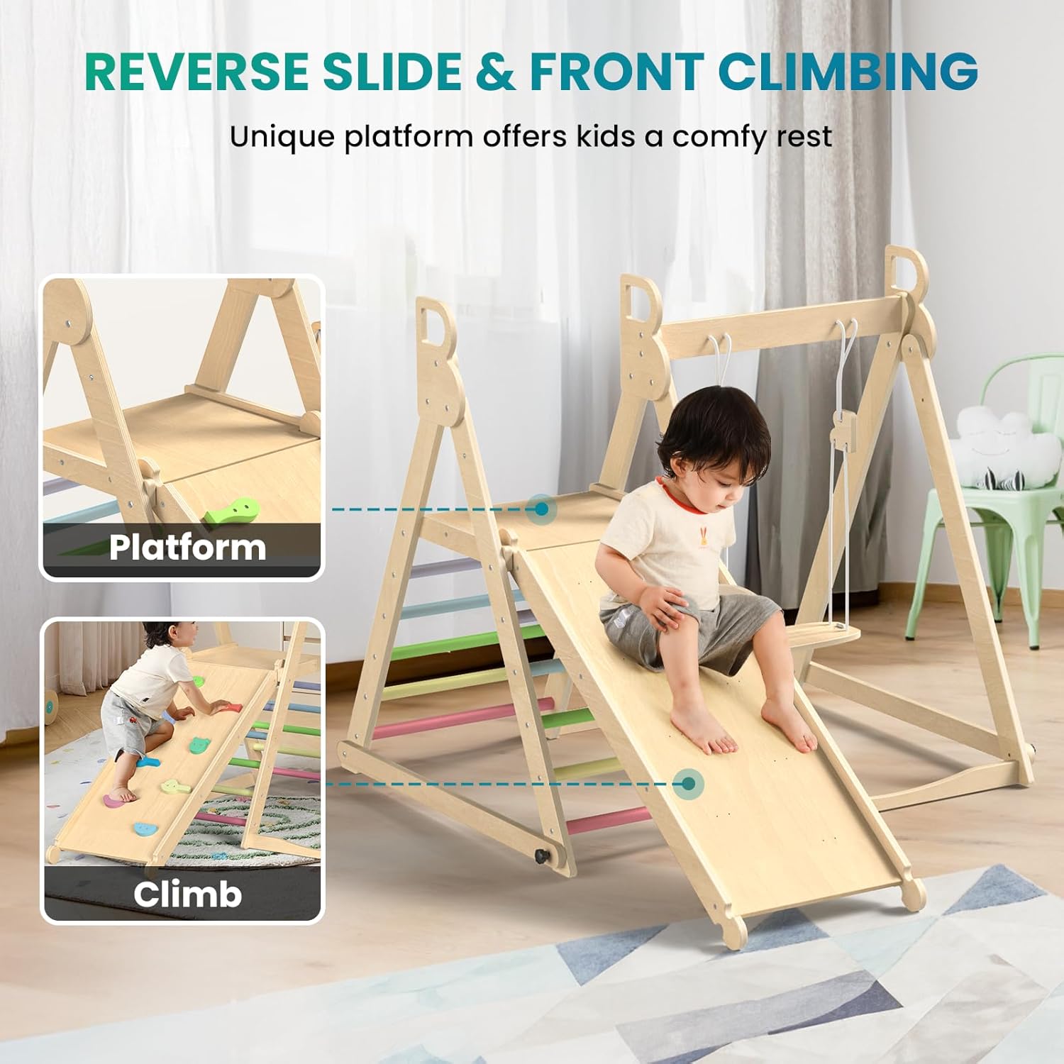 BlueWood 7 in 1 Pikler Triangle Climbing Set with 4 in 1 Indoor Jungle Gym