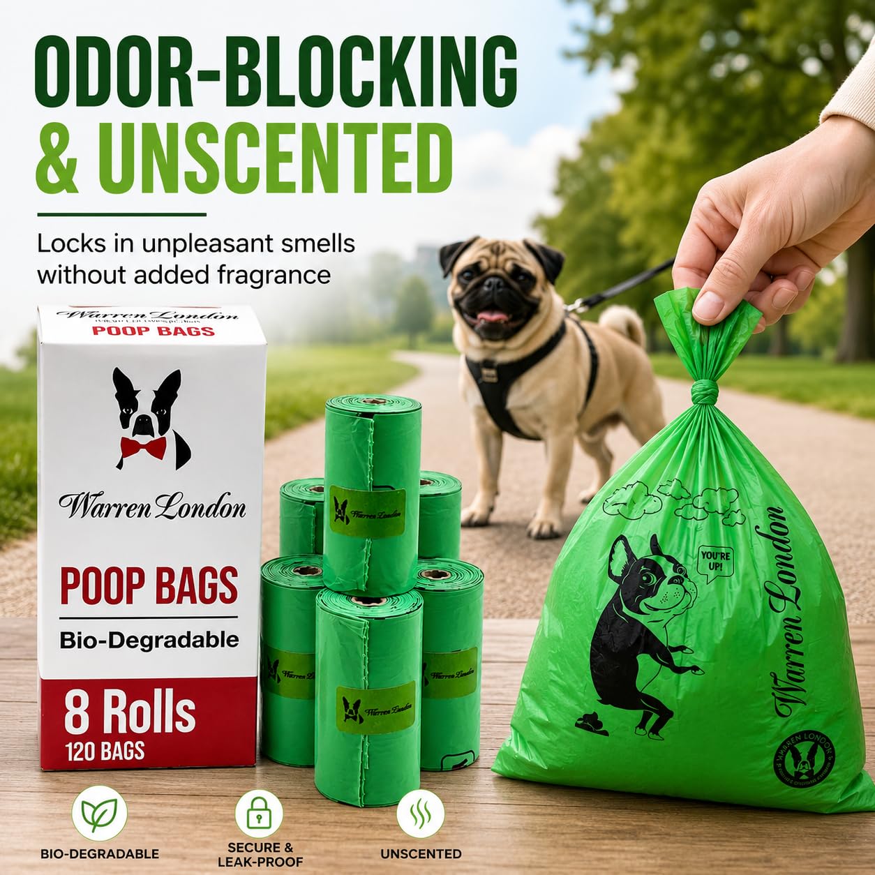 Warren London Bolsas de caca para perros y mascotas, bolsas biodegradables para caca de perro para limpiar residuos de mascotas | Caja de 8 rollos