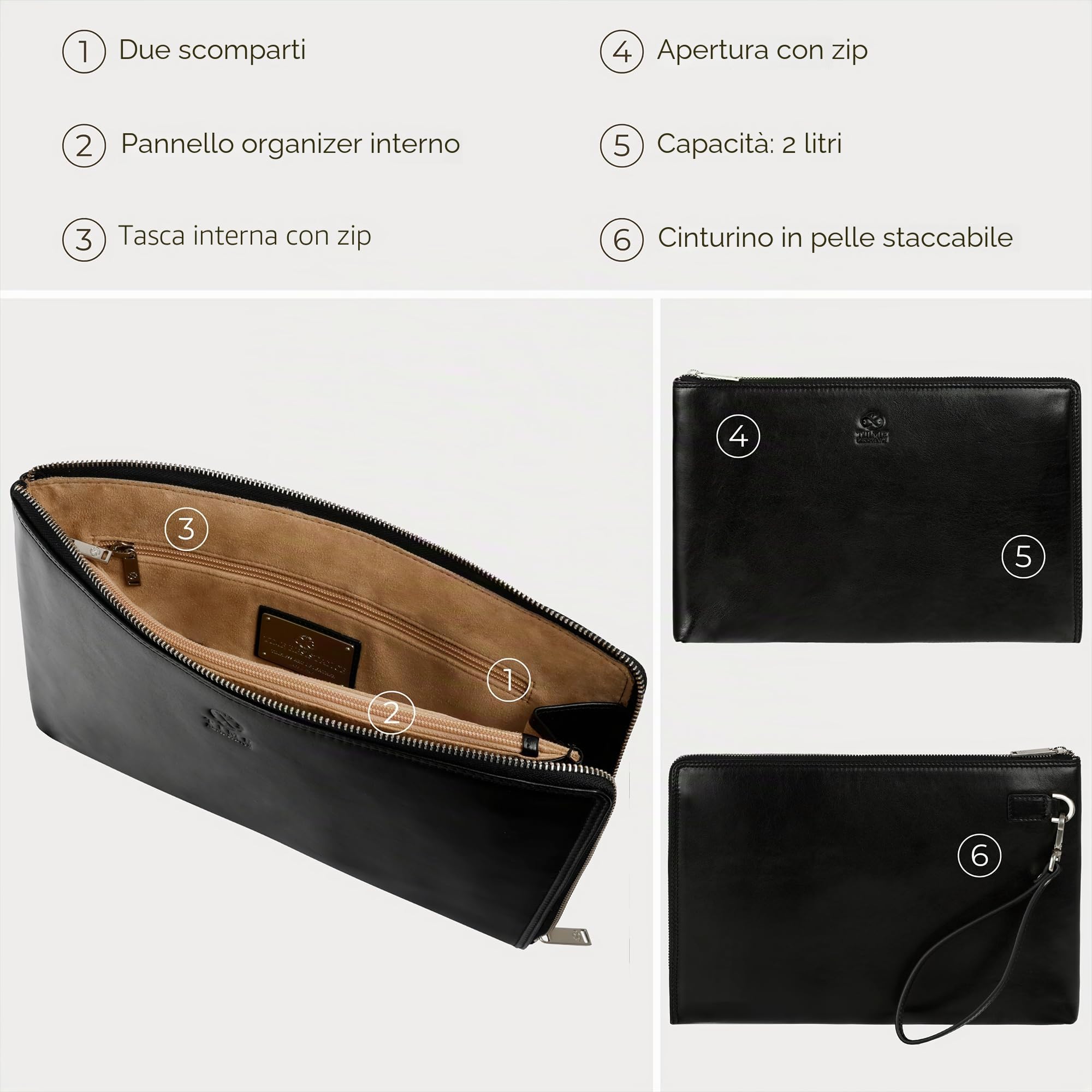 Time Resistance Pochette Uomo Fatta a Mano in Italia da Esperti Artigiani - Pratica da Polso con Cinturino Rimovibile - Borsello a Mano