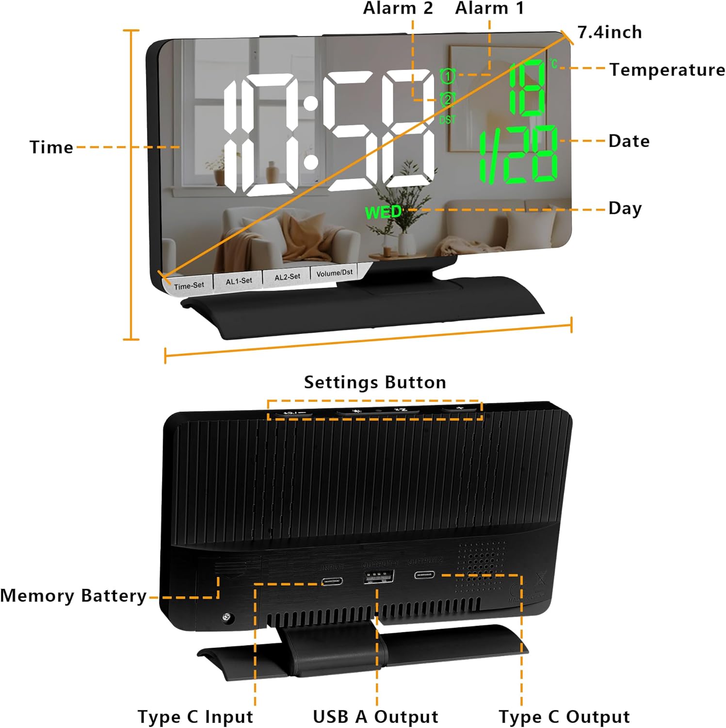 SZELAM Digital Clock,Alarm Clock Bedside,7.3'' Large LED Mirror with Date Display,Temperature,Dual Alarm with 3 Mode,Brightnee Adjust,DST,USB C Charging Port,5 Levels Volume for Desk Bedroom Teens