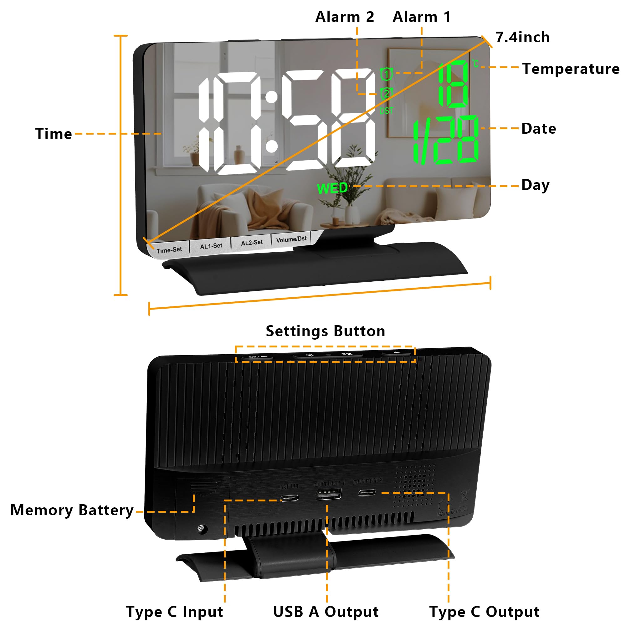 Zegar cyfrowy, budzik przy łóżku, 18 cm duże lustro LED z datą, wyświetlaczem dnia, podwójny budzik z 3 trybami, Brightnee, DST, funkcja drzemki, port ładowania USB C, 5 głośności, na biurko, do