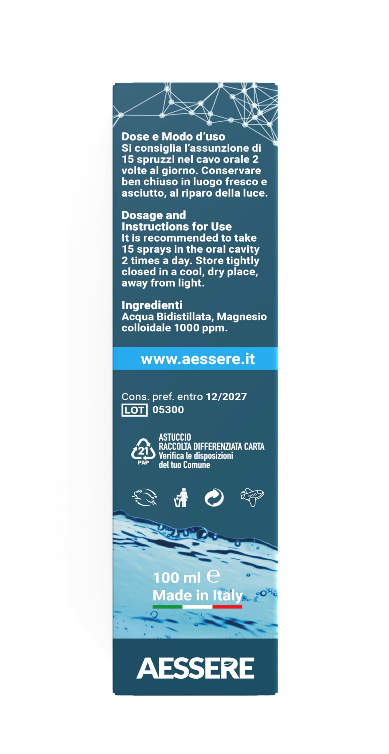 Magnesio Colloidale Spray - Integratore di Magnesio Puro ad Alta Biodisponibilità, Supporto Energia, Muscoli e Sistema Nervoso, contro Stress e Affaticamento – Made in Italy 100 ml – Aessere