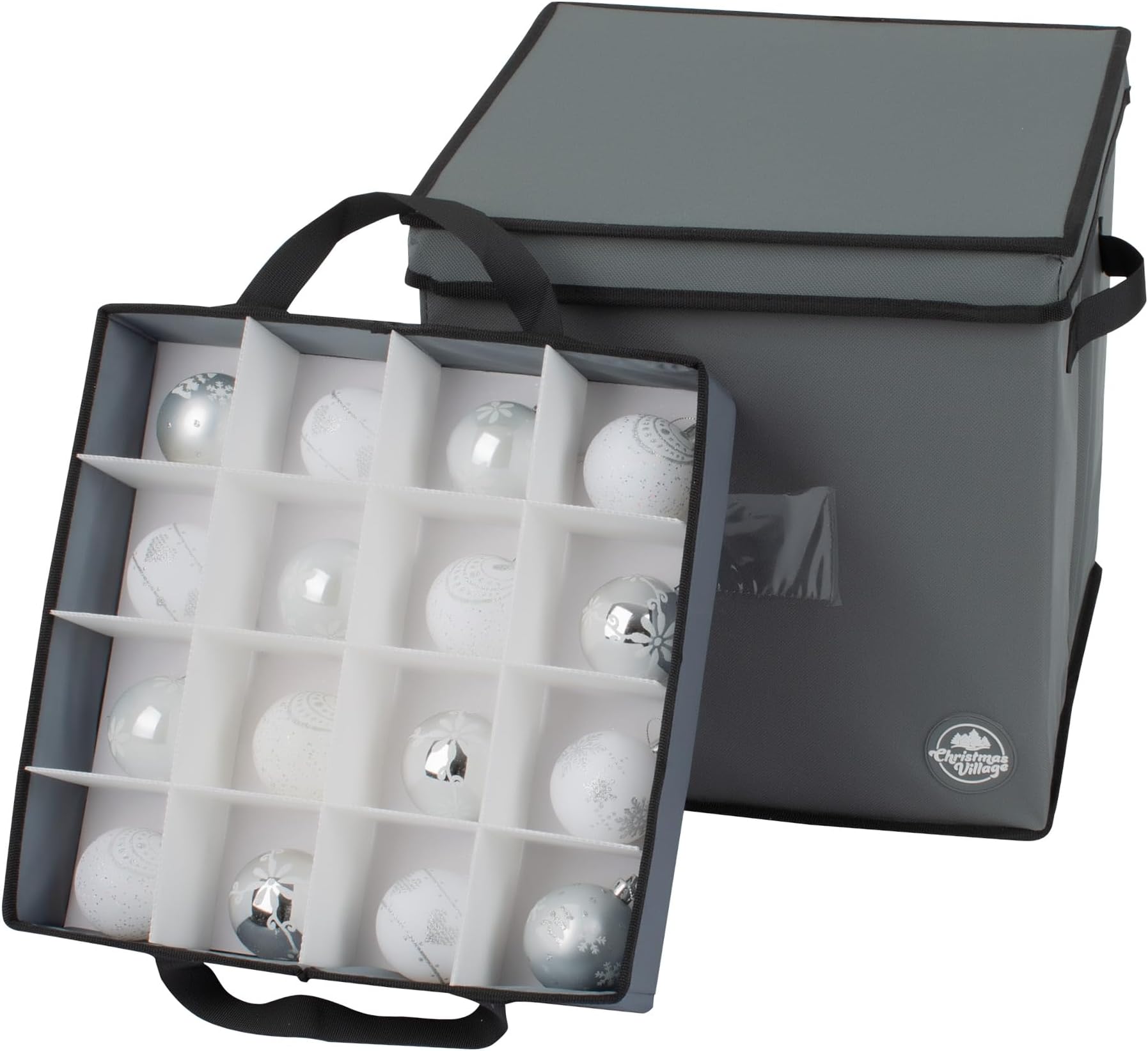 Christmas Village 64 Bauble Storage Bag with Adjustable Dividers, Removable Lid – 600D Fabric Premium Bag for Xmas Tree Decors Organisers, Festive Ball Holder & Carry Handles (Grey, w/Pull Out Trays)