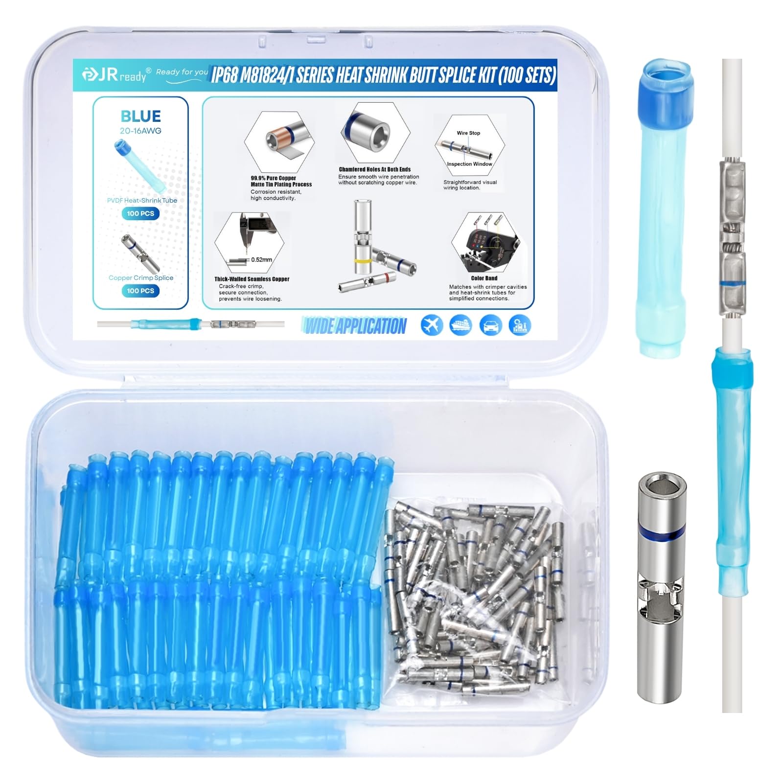 JRready 100Set M81824/1 Series IP68 Waterproof Butt Splice Connector Kit Blue 20-16 AWG (M81824/1-2 Equivalent) Non Insulated Butt Connectors with Copper Splice & PVDF Heat Shrink Tubes ST6389-16-100