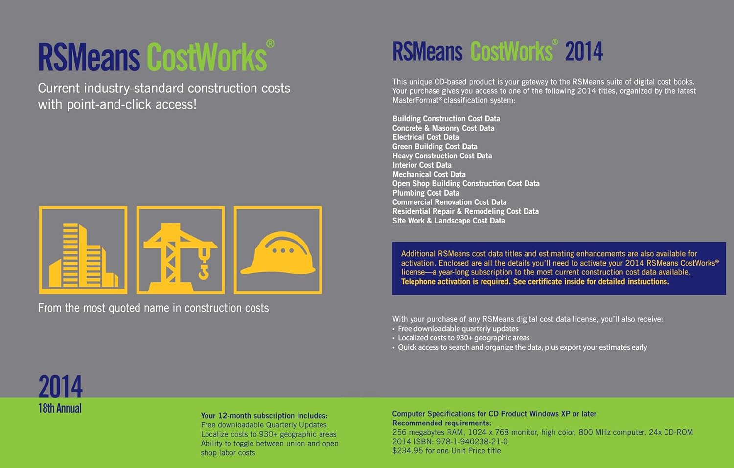 RSMeans COST WORKS 2014 CD ROM (Unit Cost SINGLE FILE) RSMeans