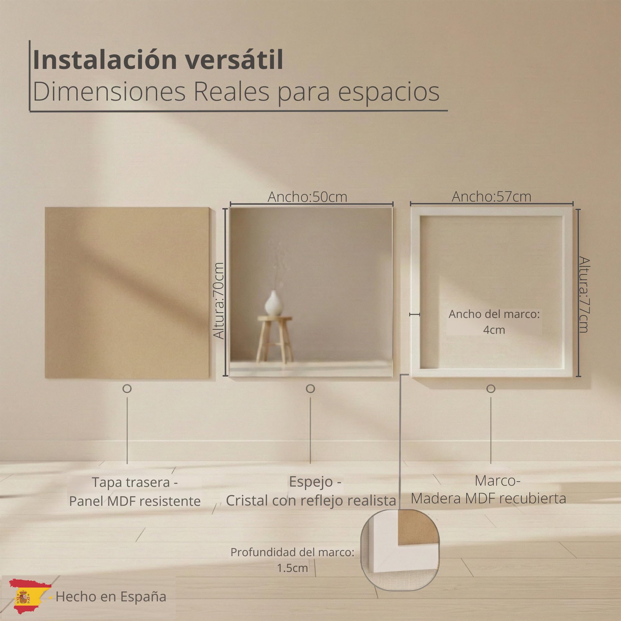 CHELY INTERMARKET MOD128 Espejo Pared Vertical Decorativo Grande Estilo Moderno Marco Madera Cuerpo Entero Elegante 50x70 cm Blanco Liso Ideal Recibidor Dormitorio Baño Incluye Kit Montaje