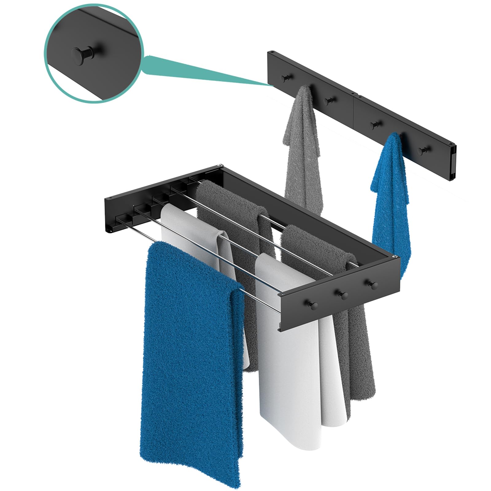 Wäscheständer Wandmontage 80 cm Metall Wäschetrockner Wand Wand mit Extra Kleiderhaken Wandtrockner Ausziehbar für Indoor & Outdoor，Kleine Häuser, Hotels, Wohnungen, Balkone
