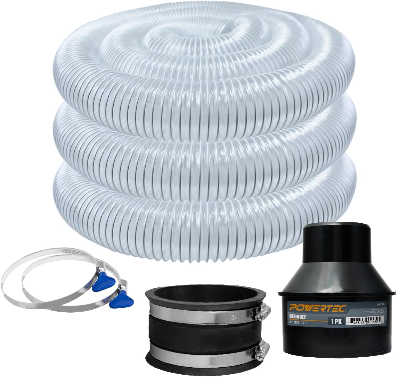 POWERTEC 70436 4" x 20' PVC Dust Collection Hose with 2 Stainless Steel Hose Clamps, 4" Dust Control Flex Cuff and 4" Hose to 2-1/2" Hose Cone Reducer for Woodworking and Shop Vacuum