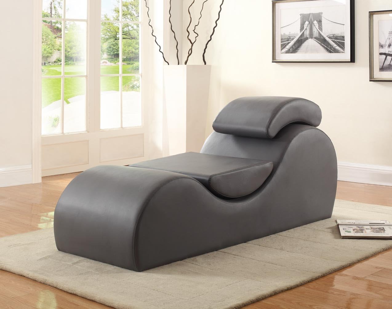 Container Furniture Direct Yoga Collection Modern Faux Leather Stretch Relaxation Living Room Chaise Lounge, Regular, Black : Home & Kitchen