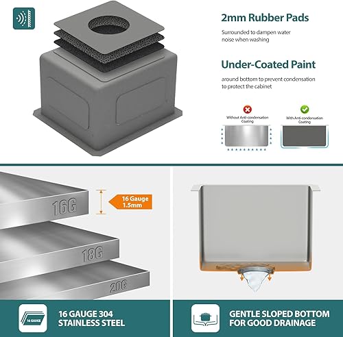 Miniatura 6 de Lofeyo - Fregadero de barra de cocina de 13 x 15 pulgadas, de acero inoxidable, esquina redonda, de calibre 16, cuenco individual, para fregadero de