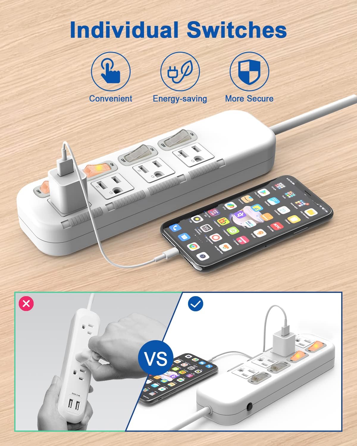 Flat Plug Power Strip Individual Switches, Extension Cord 6 feet, 4 Outlets, Surge Protector 300J, White, Baby Proof Outlet Cover