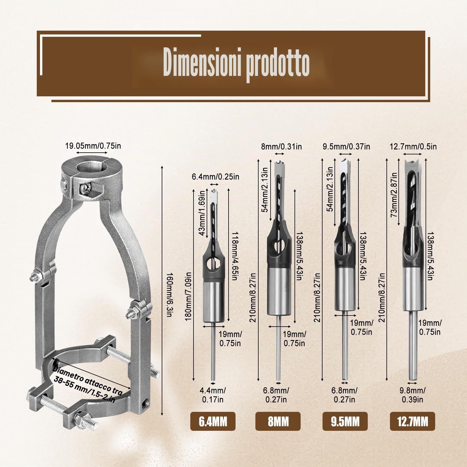 Set di punte per trapano quadrate, lavorazione del legno HSS, scalpello per scanalature, punte svasate, set di punte per trapano con adattatore, 6,4 mm, 8 mm, 9,5 mm, 12,7 mm