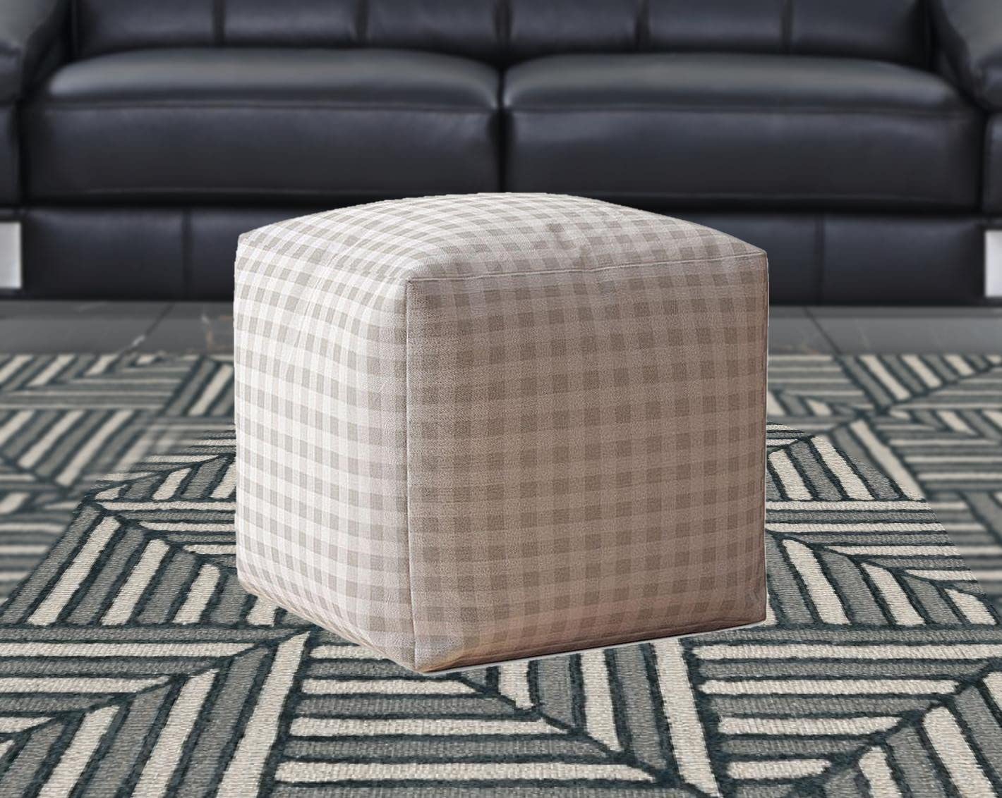 HomeRoots 17" Grey Cotton Gingham Pouf Ottoman Cover