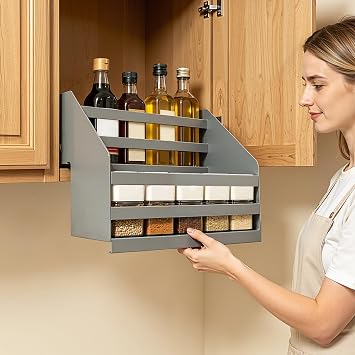 Pull-Down Cabinet Organizer, 2 Tier Pull down Shelf for Kitchen Upper Cabinet, Pull out Spice Rack Inner Space Saving Plate for Kitchen Appliance Lift Upper Cabinet, 15.5 Inch Width