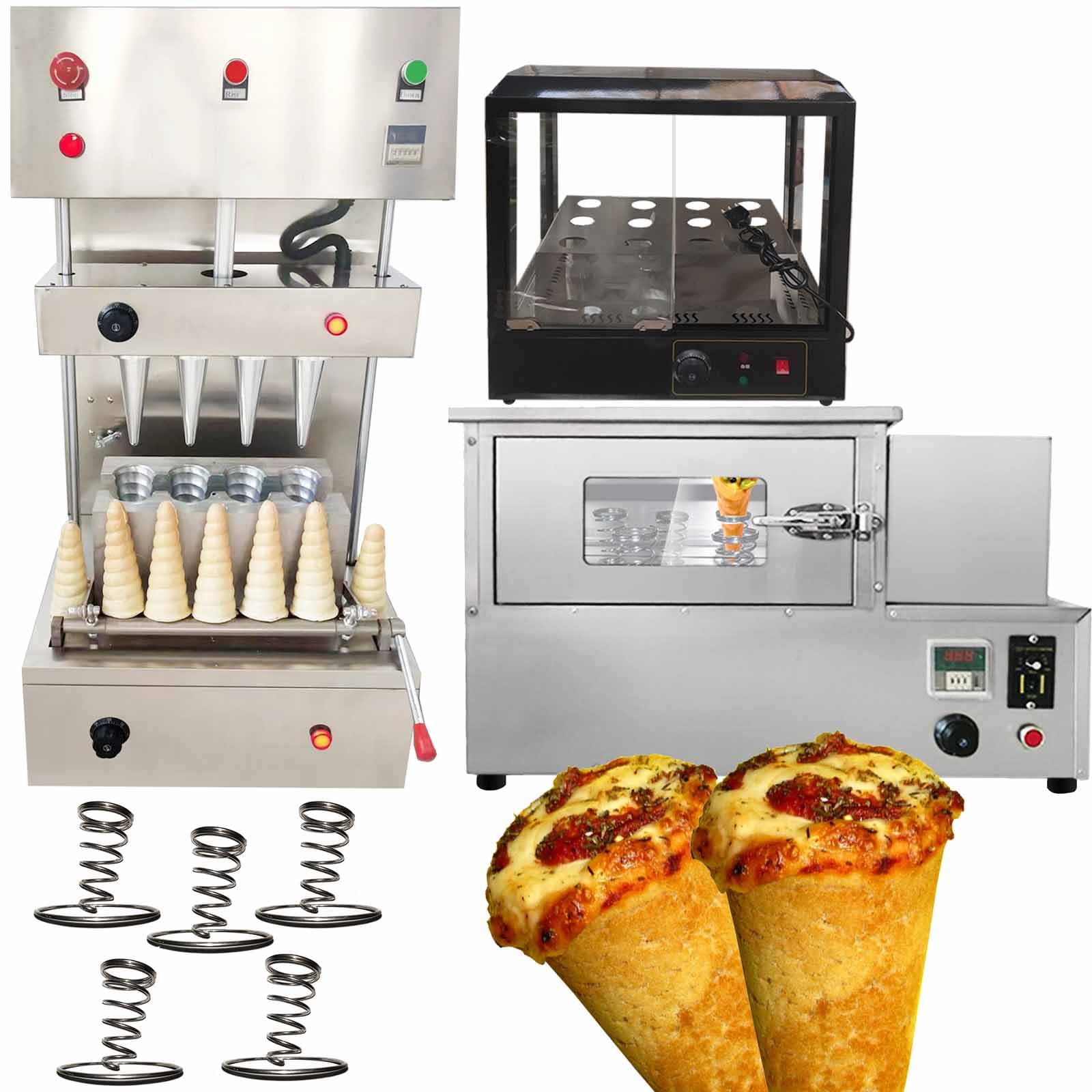 TXMACHINE® Pizza cone machine 4 cone maker with pizza oven,display warmer,pizza cone making machine,4 shapes (4 spiral maker+oven+warmer, 220V/50HZ)