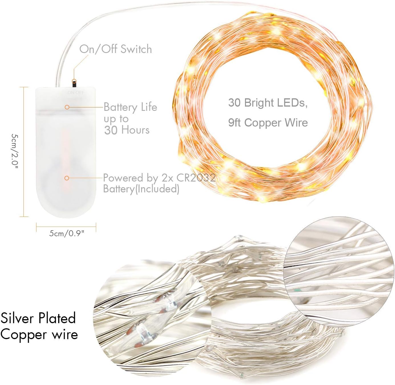 3 Pack Fairy Lights, 20 LED 8 Feet Starry String Lights Battery Operated Copper Wire for Bedroom Indoor Party Wedding Decorative, Warm White