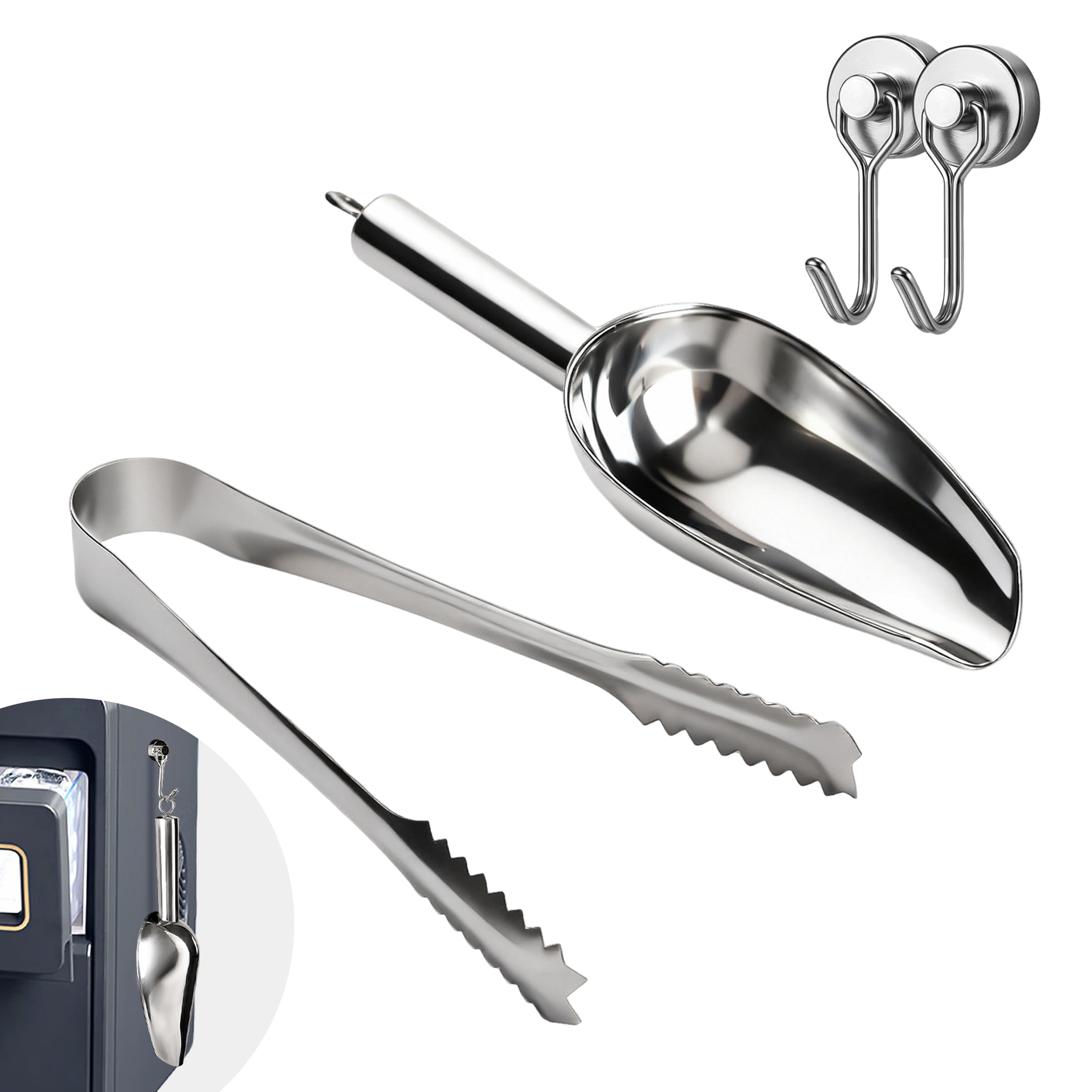 Stainless Steel Ice Scoops and Tongs Set with 2 Magnetic Hooks, Ice Scoop for Ice Maker Machine, Food Scoop Serving Tongs for Kitchen Bar Party