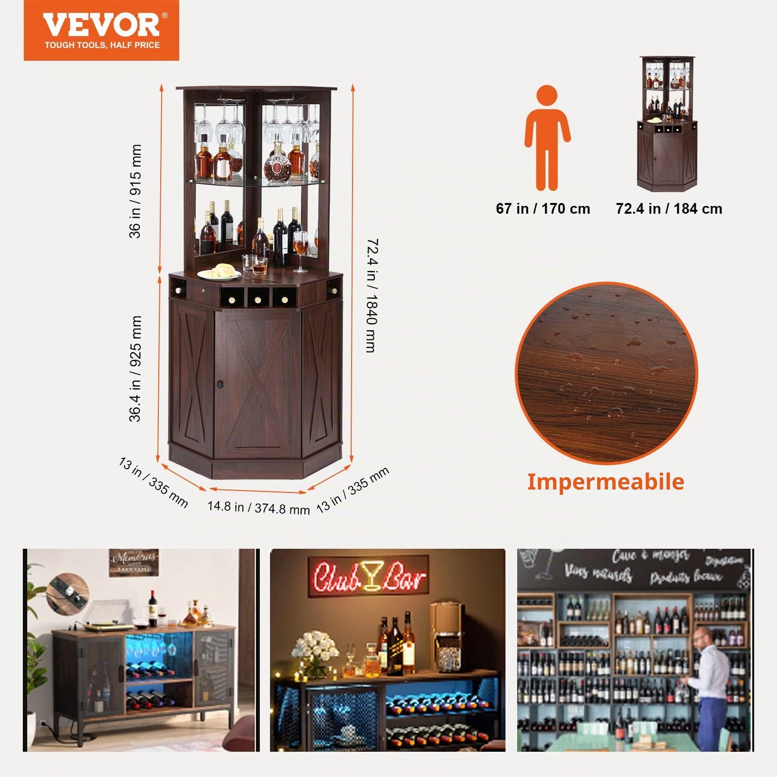 VEVOR Mobile Bar Industriale ad Angolo, Tavolo da Vino per Liquori e Bicchieri, Credenza Buffet con Porta Bicchieri, Mobile Bar Indipendente in Legno per Soggiorno, Bar di Casa, Noce Nera
