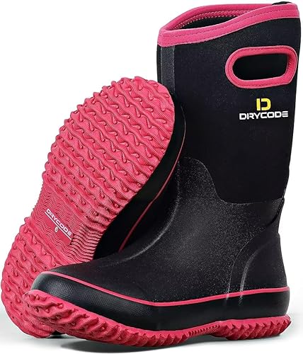 D DRYCODE Rubber Boots for Women, Rain Boots with Warm Neoprene, Waterproof Mid Calf Mud Insulated Work Boots for Womens Gardening, Farming,