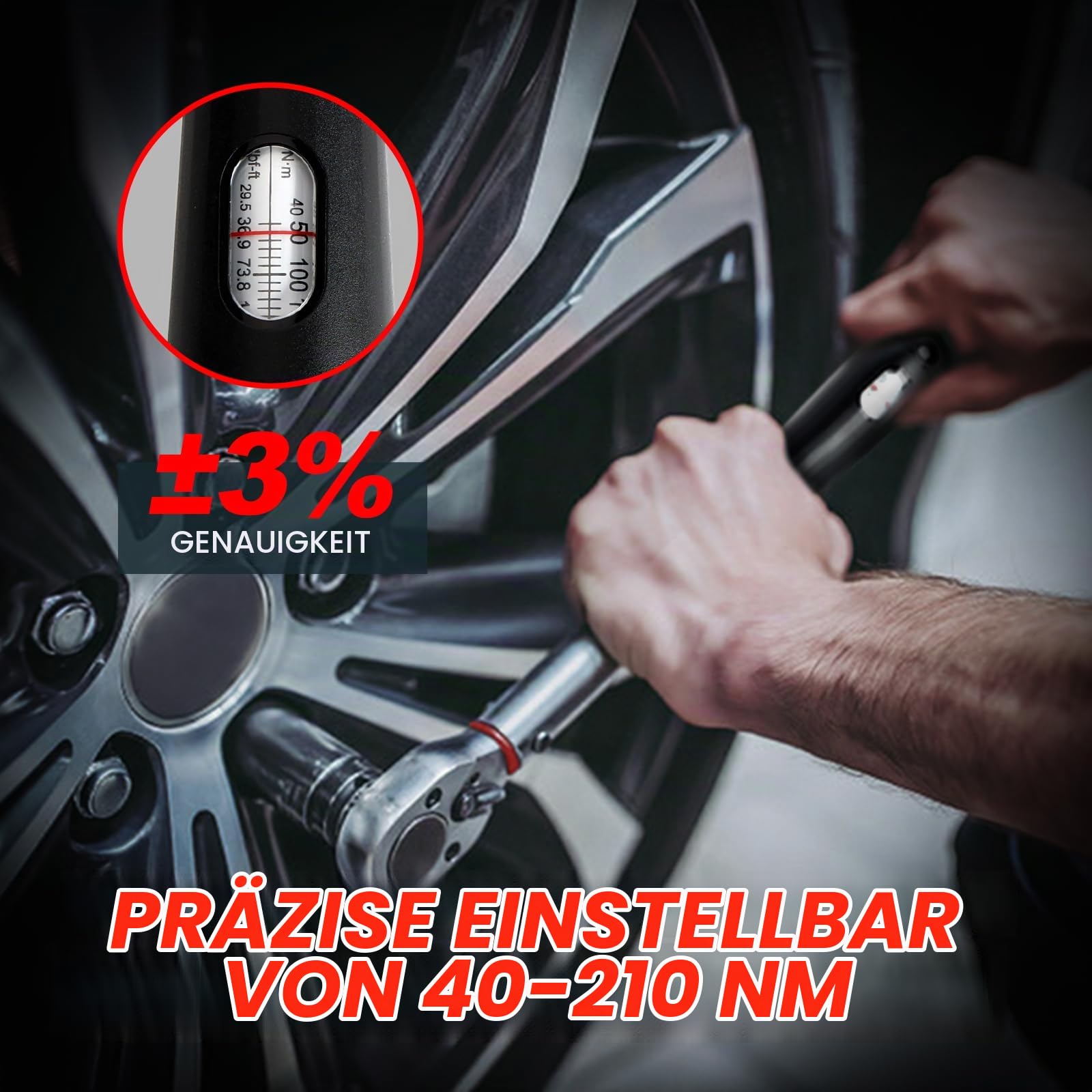 Hairich Drehmomentschlüssel Auto 1/2 Zoll, 40–210 Nm, ±3% Genauigkeit, inkl. 3 Stecknüssen (17/19/21 mm) – Präziser Torque Wrench mit Sichtfenster für Auto- & Motorrad-Reifenwechsel