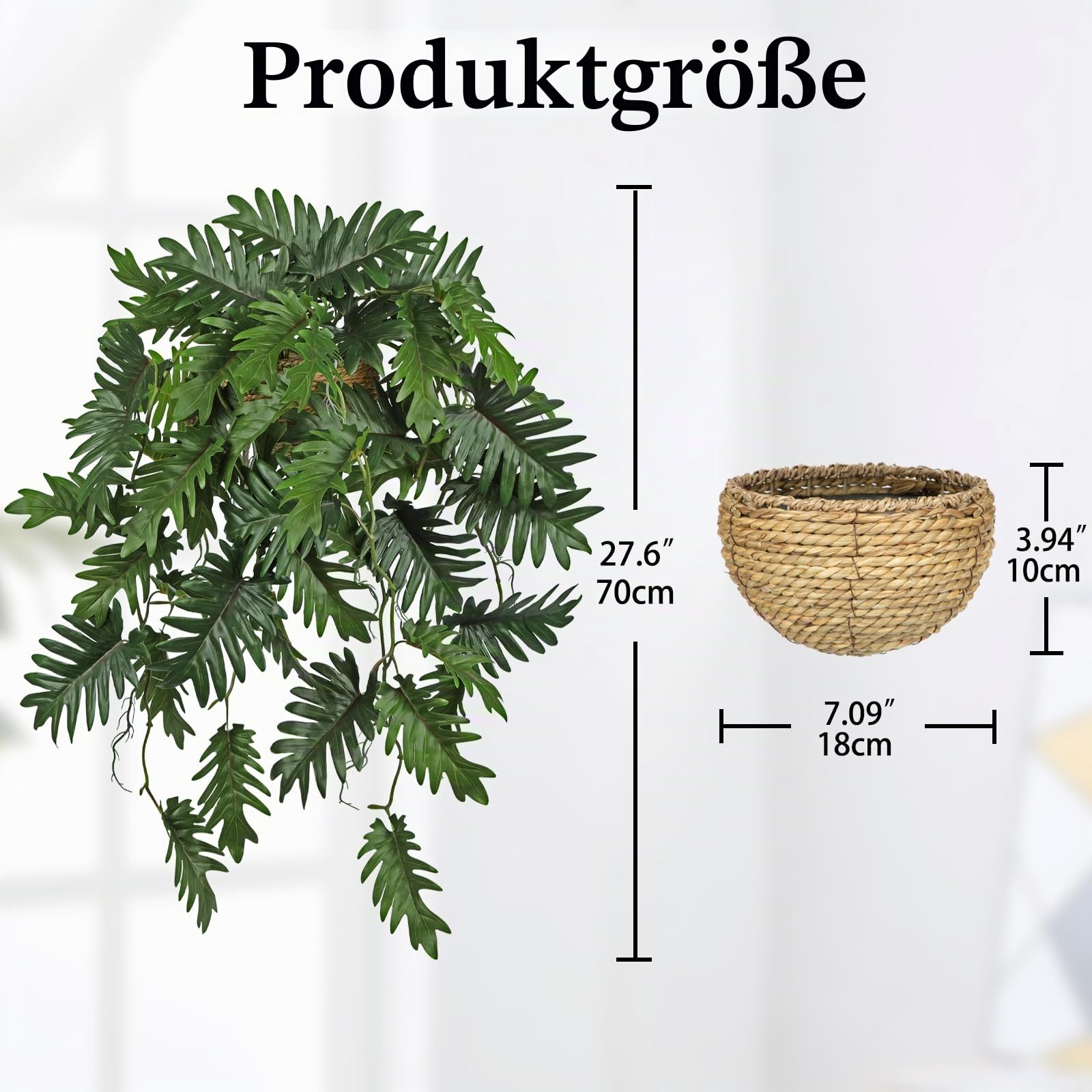 Künstliche Hängepflanzen im Topf Kunstpflanze Hängend Künstliche Pflanzen | 70 CM Philodendron Grün Dschungel Tropisch Deko für Wohnzimmer Schlafzimmer Badezimmer Esszimmer Küche Büro Hotel