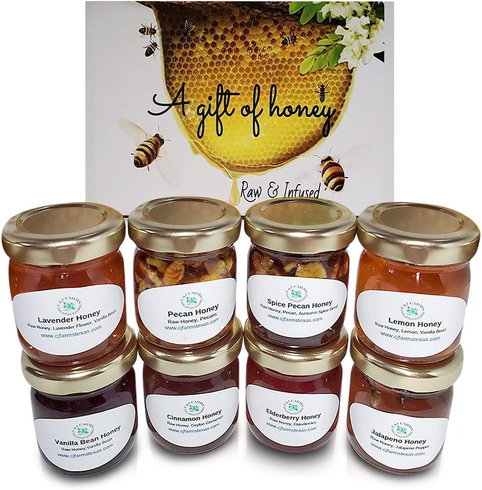 C&J Farms Texas Gourmet Artisan Seasonings A Gift of Honey Set- 8 Piece Sweet Variety Box- Pure, Raw, Natural Infused Honey by TX Bees in Sampler Jars