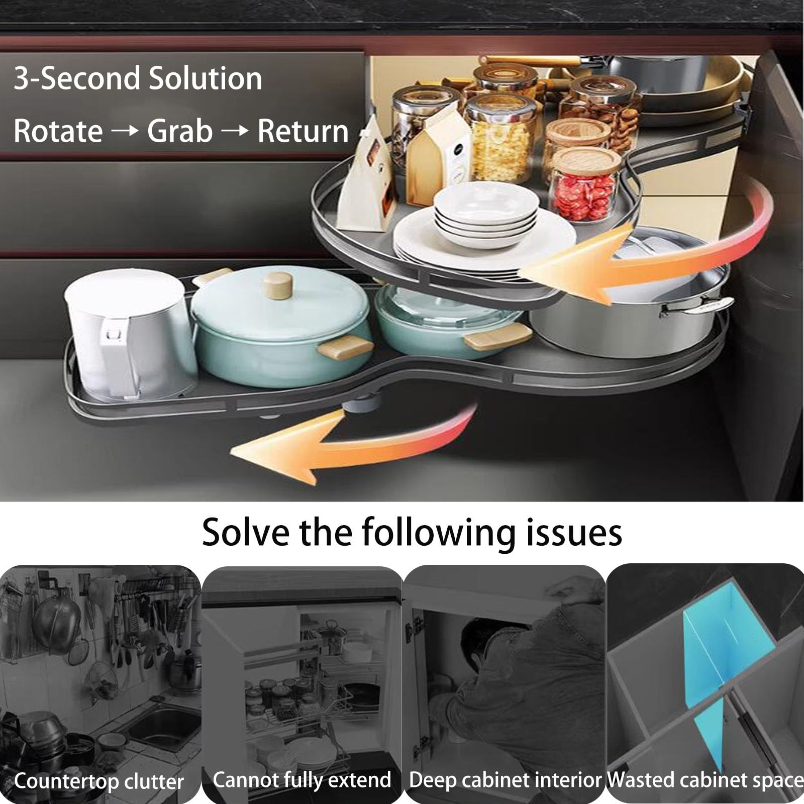 Lazy Susan d'angle coulissant à 2 niveaux pour armoires de cuisine Étagère peu encombrante pour coin oscillant gauche et droit (800 balançoires droites)