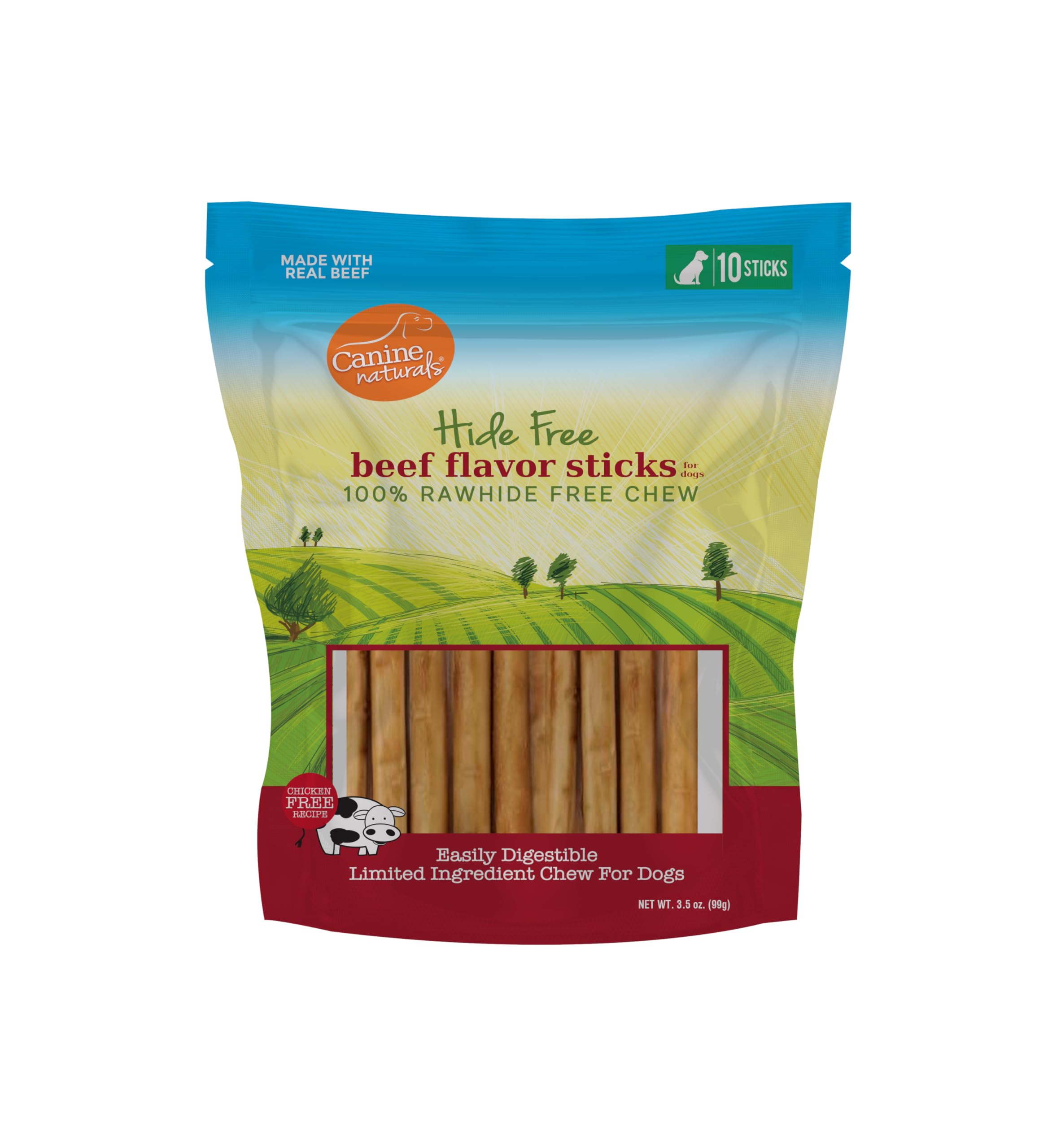 Canine Naturals Beef Chew - Rawhide Free Dog Treats - Made With Real Beef - Poultry Free Recipe - All-Natural and Easily Digestible - 10 Pack of 5 Inch Stick Chews