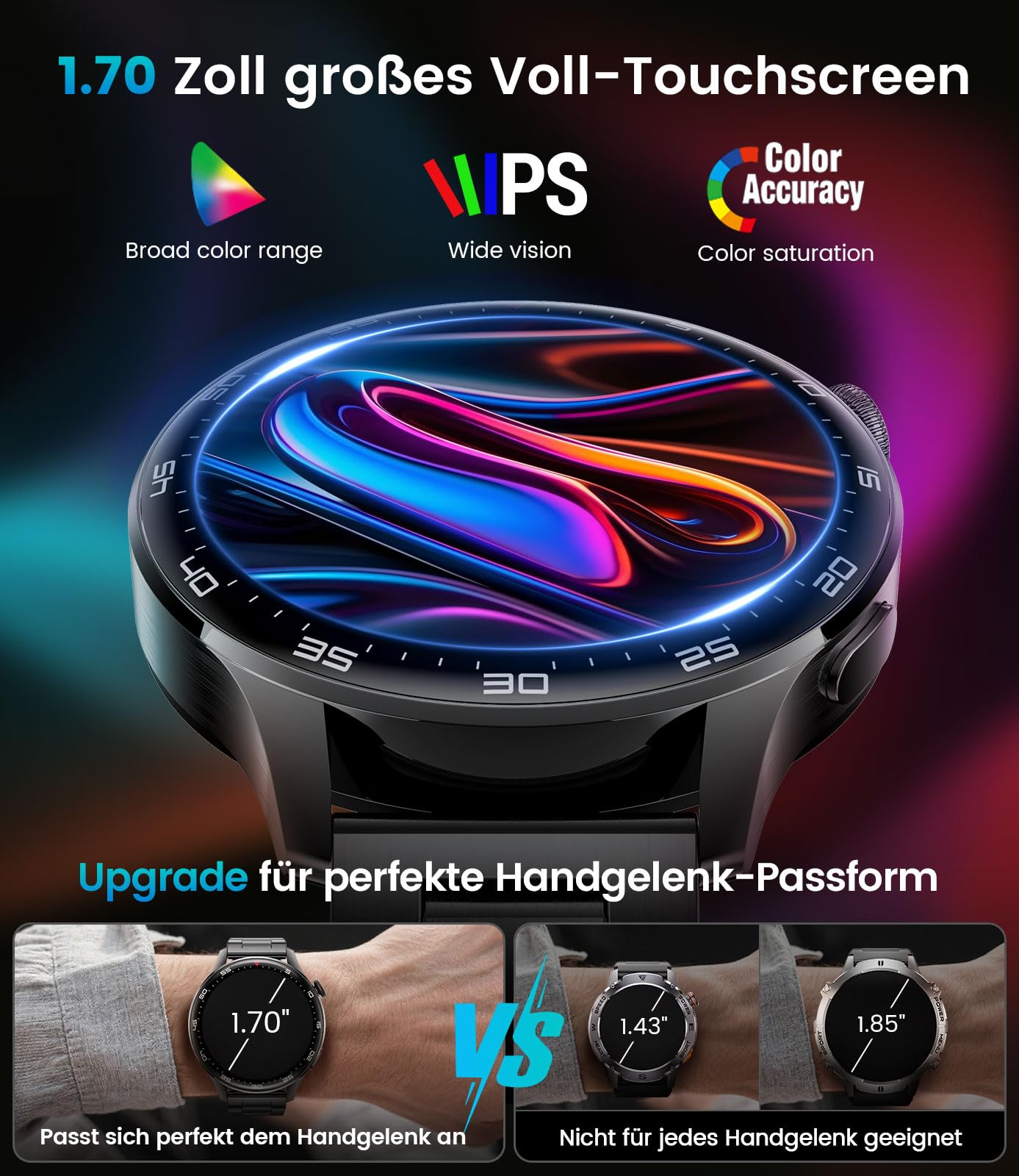 Smartwatch Herren mit Bluetooth Anrufen, 800mAh Akku 1.7" HD Bildschirm, 24/7 Herzfrequenzmessung Schlafanalyse SpO2 Messung, 110 Sportmodi IP68 Wasserdicht Kompatibel mit iOS Android Schwarz