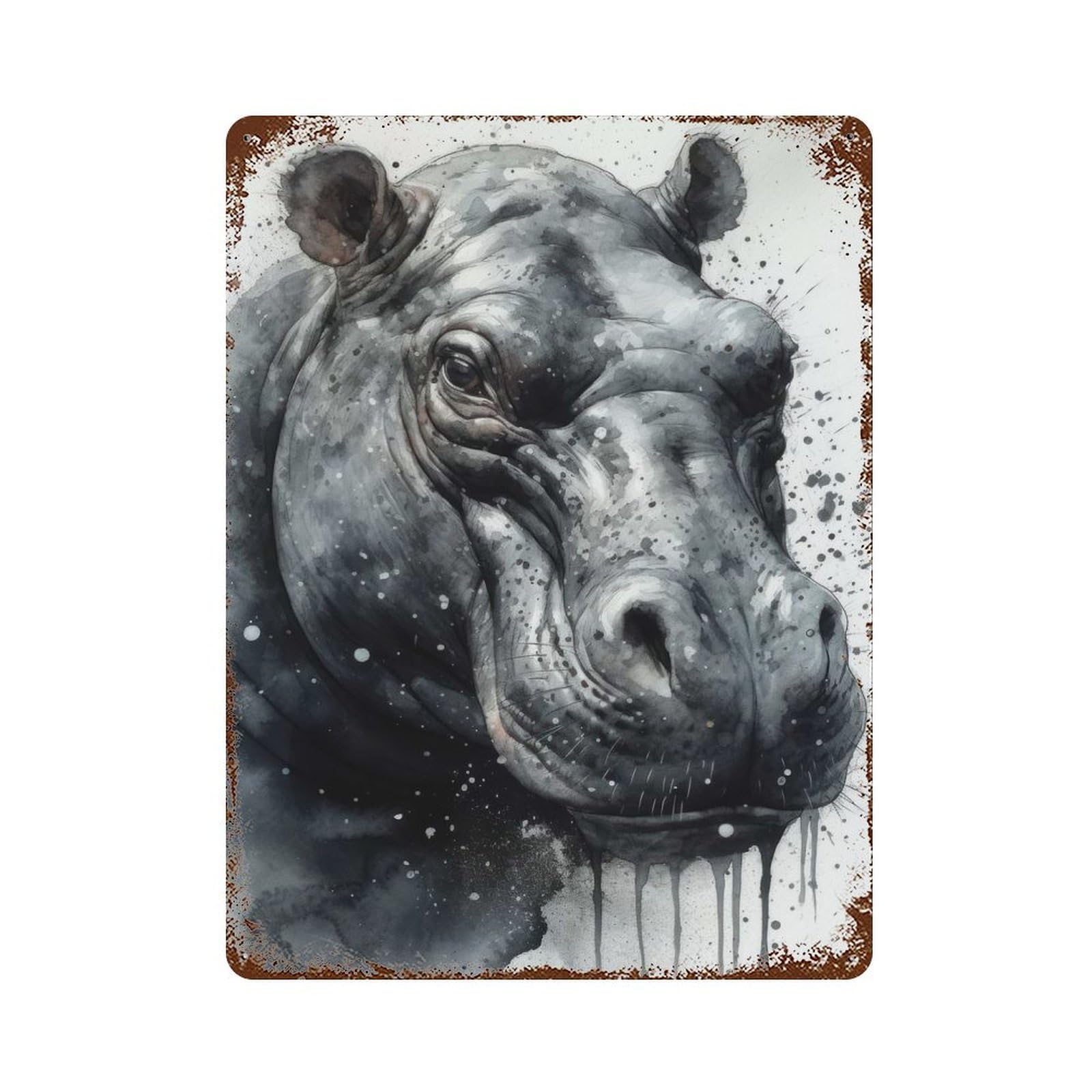 Hippo Majesty Watercolor Rusty Metal Tin Sign 15.7"x11.8", Ideal for Farmhouse, Kitchen And Entryway Decor