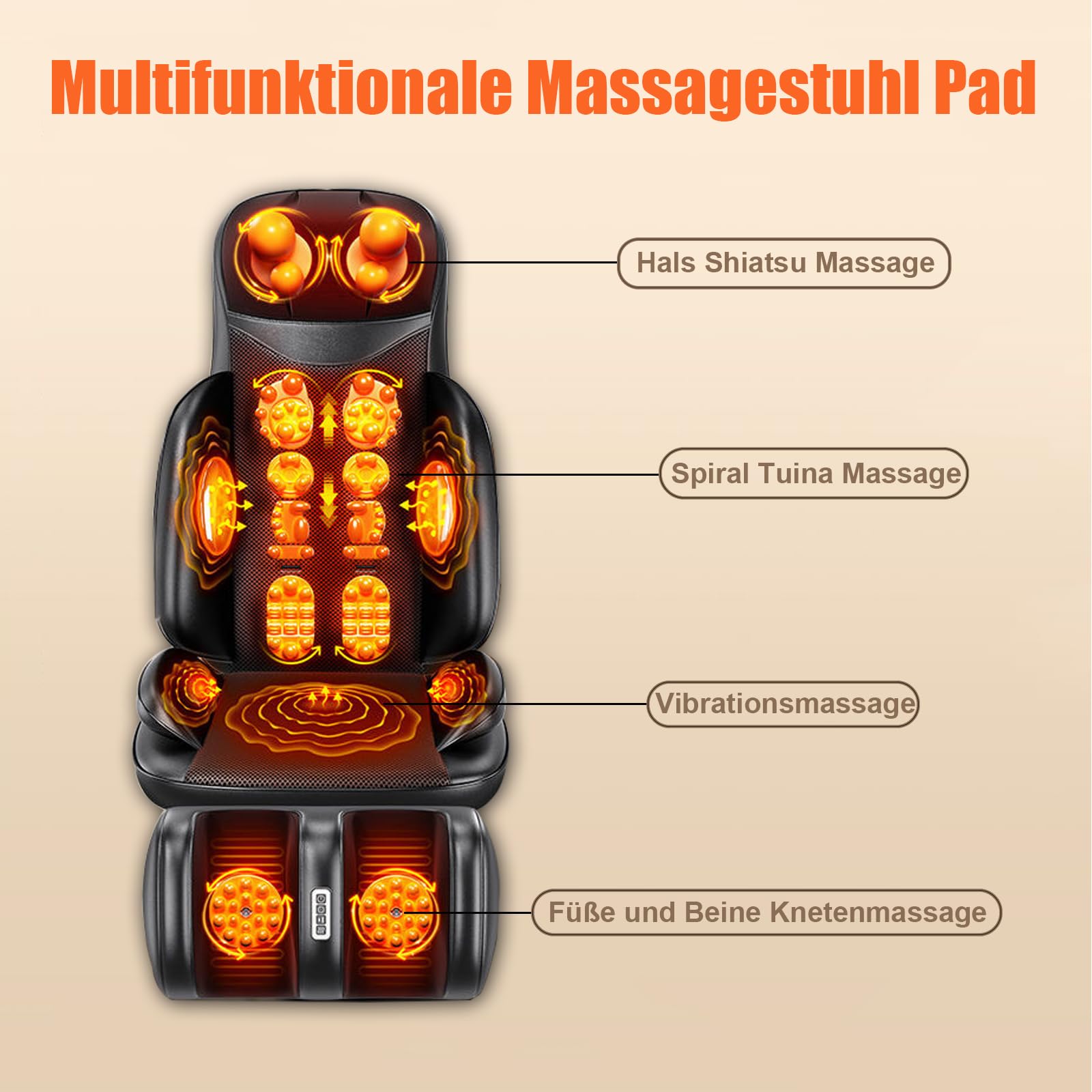Rückenmassagegerät mit Wärme, 3D-Knetmassage-Stuhlkissen, Tiefengewebe-Knetmassage-Sitzkissen für Körper und Nacken, mit beweglichem Multifunktions-Bein- und Fußmassagegerät für Büro (Schwarz)