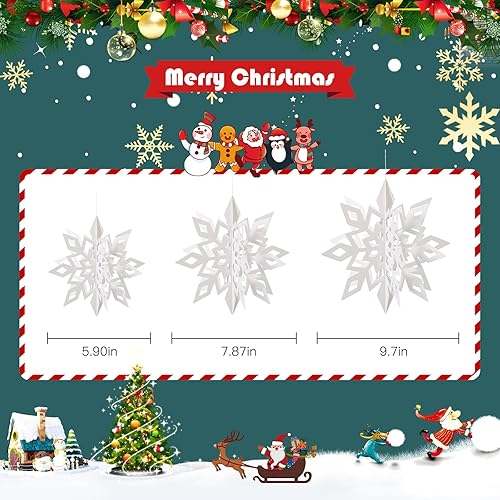 Vista 23 de Crafare Adornos colgantes de copos de nieve 3D de Navidad, 3 tamaños, 18 unidades, blanco y plateado, guirnalda colgante para invierno, país