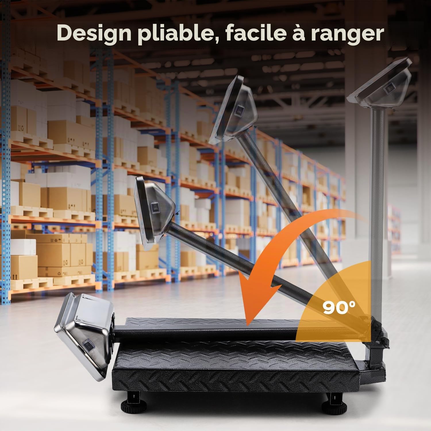 Bonvoisin Balance Plateforme Industrielle 300kg/0.1kg - Balance Lourde Numérique pour Colis avec Plateau 45x40cm, Conversion KG/LB, Écran LCD, Roulettes& Pieds Réglables, Alimentation Secteur/Batterie