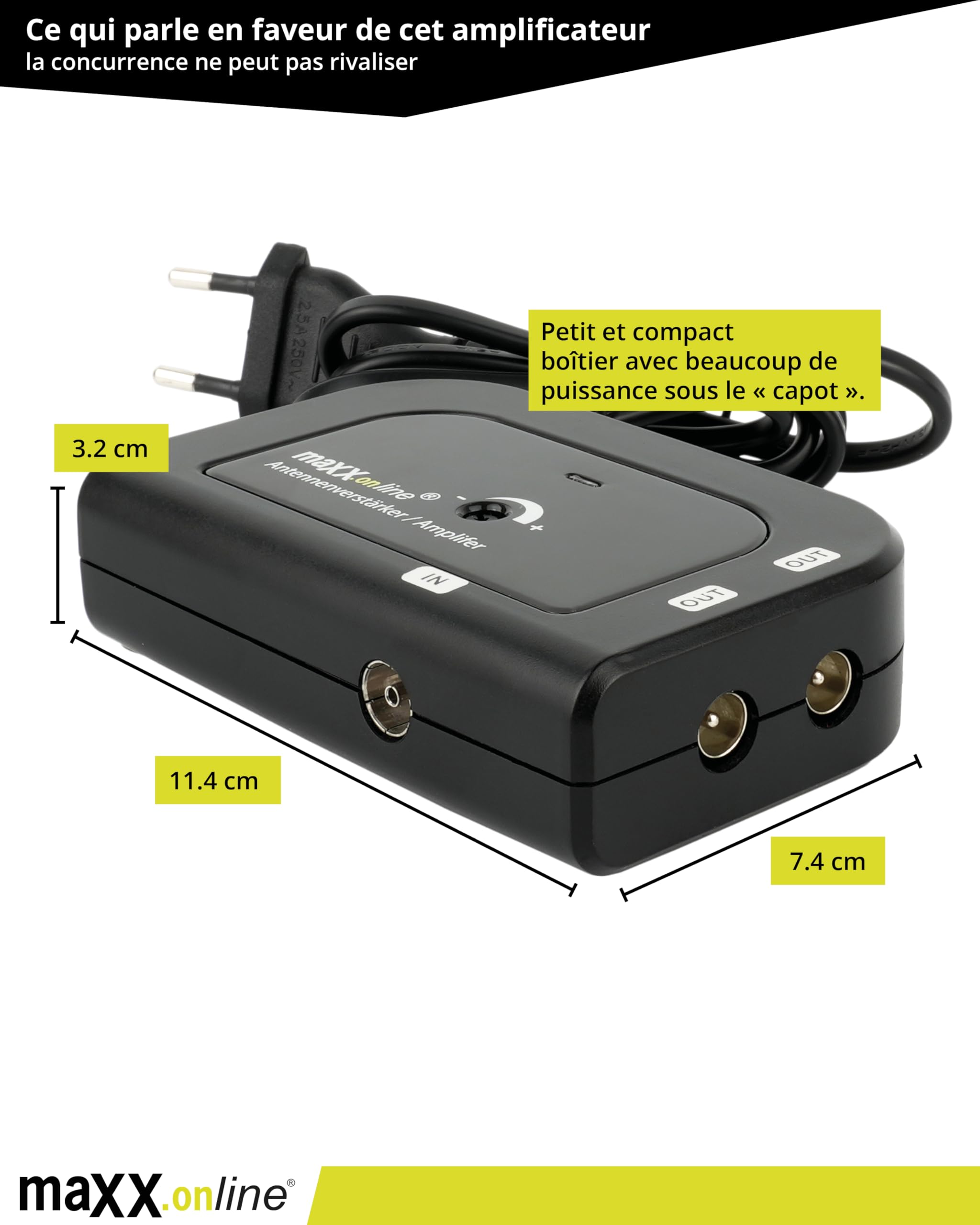 Amplificateur d'antenne 2x20 dB, 85-1006 MHz, F, TV par câble
