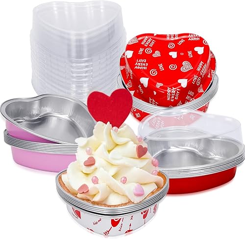 Juego de 24 moldes para pasteles con tapa en forma de corazón para el día de San Valentín, 8.6 fl oz9 onzas, desechables, mini tazas de papel de
