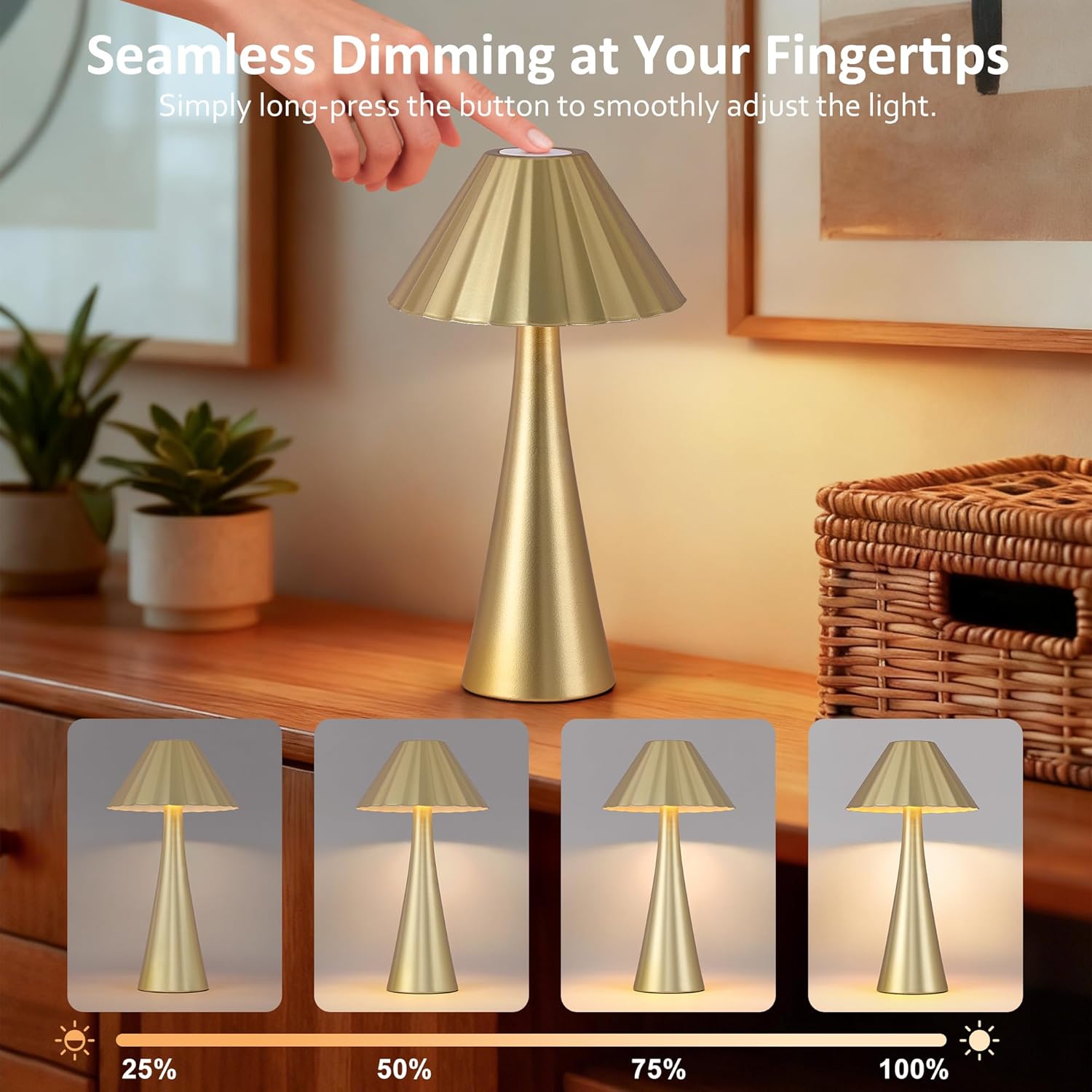 Cordless Rechargeable Table Lamps, Metal LED Desk Lamp with Top Touch Control & Stepless Dimming, Portable Battery-Operated Bedside Lamp for Bedroom, Living Room, Office, Café, Outdoor(Gold)