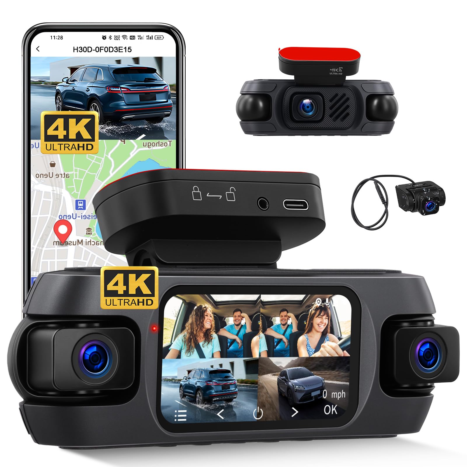 4K 360° Dash Cam Auto con GPS, Videocamera per Auto con Grandangolo 150°, Visione Notturna Super, Monitoraggio del Parcheggio, Sensore G, Registrazione in Loop, APP, Assistenza alla Retromarcia